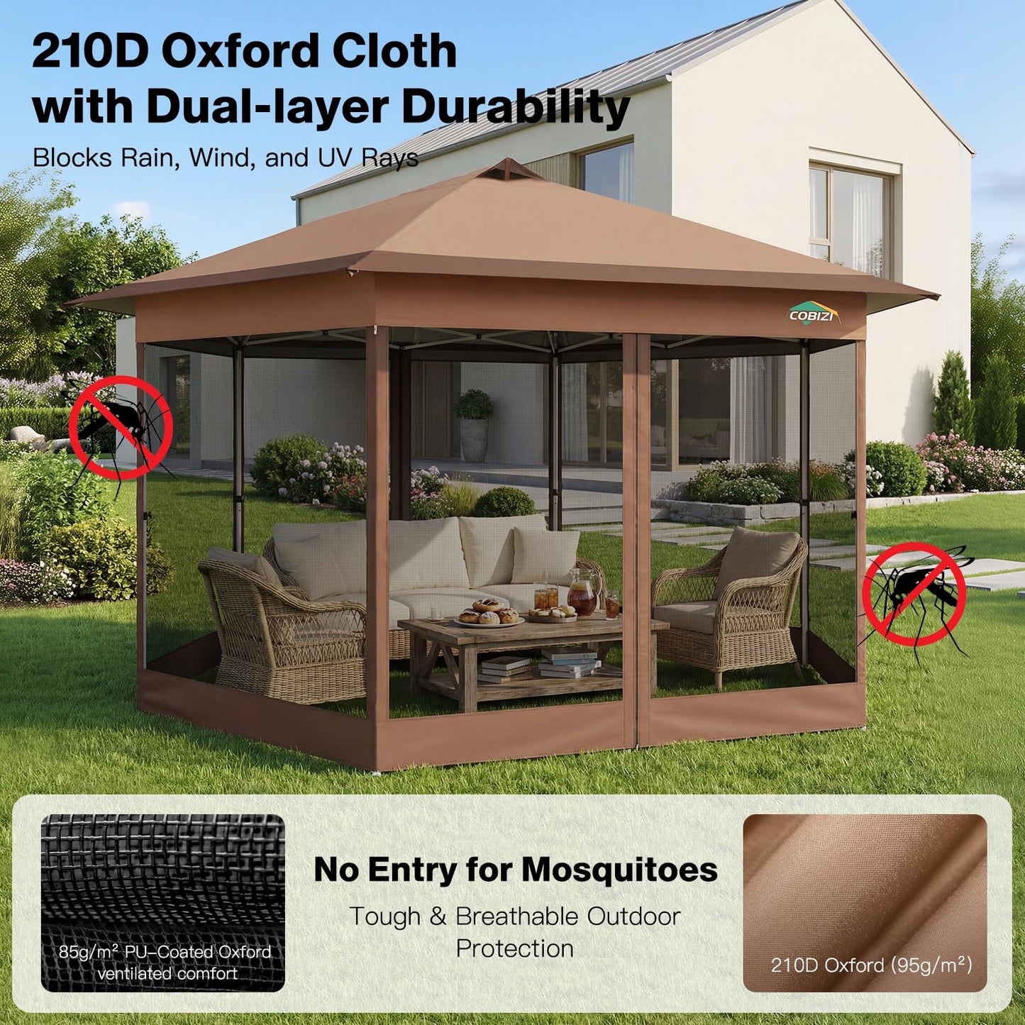 COBIZI 16x16 Pop up Gazebo on Clearance, Hexagonal Outdoor Canopy Tent with Mosquito Netting, Adjustable Height and 256 Square ft of Shade for Party, Backyard, Gardens with Vented Top（Brown）