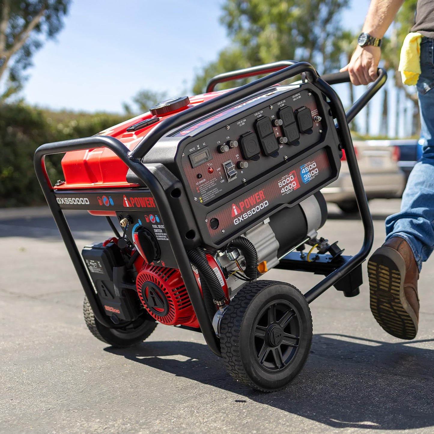 A-iPower 5000-Watt Portable Generator Gas & Propane, CO Sensor Shutdown, Heavy Duty Generators with 223cc OHV Engine for Jobsite, RV, Home Backup, Emergency (GXS5000D) Red