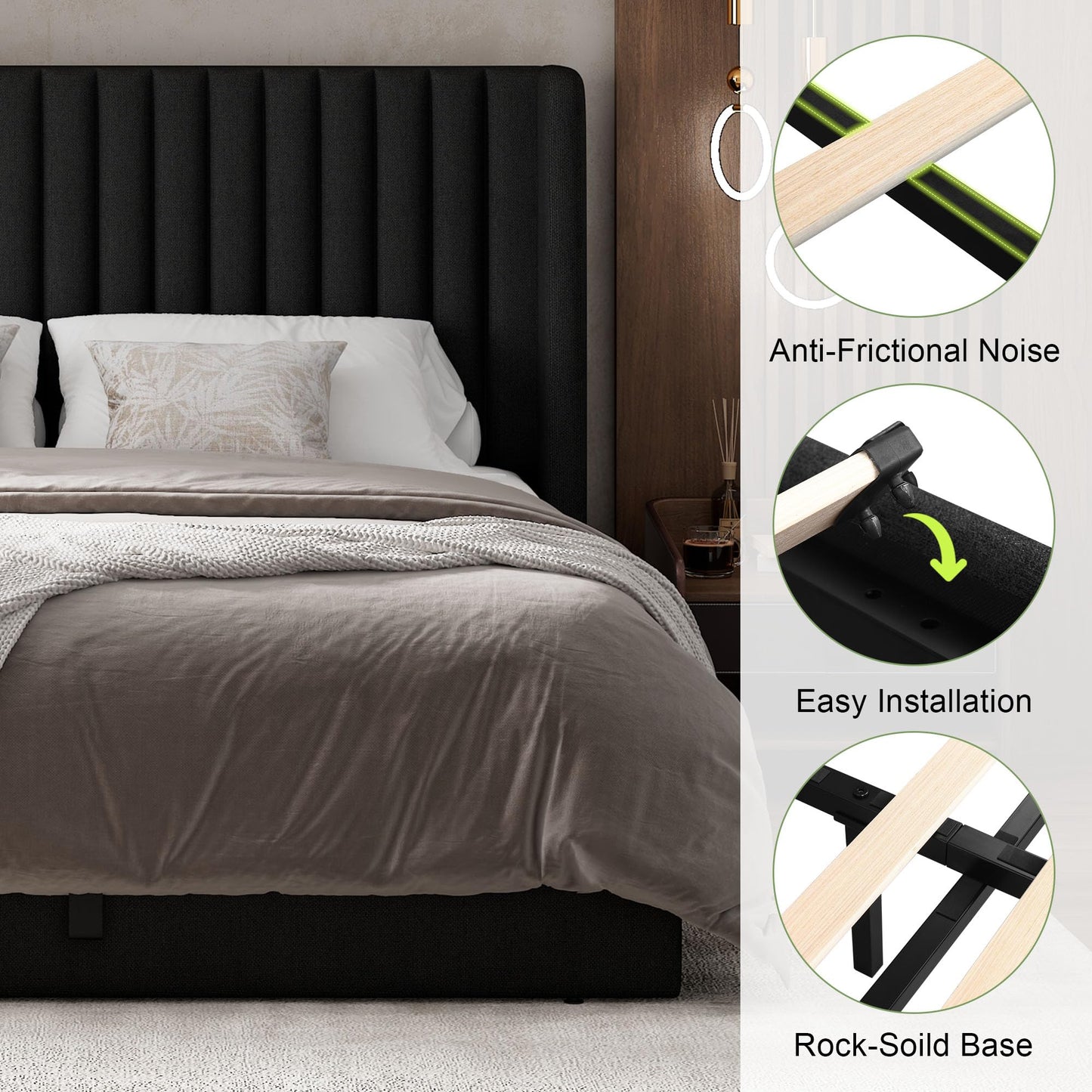Feonase Queen Size Lift Up Storage Bed Frame, Linen Upholstered Platform Bed with Wingback Headboard, Hydraulic Storage, No Box Spring Needed, Black