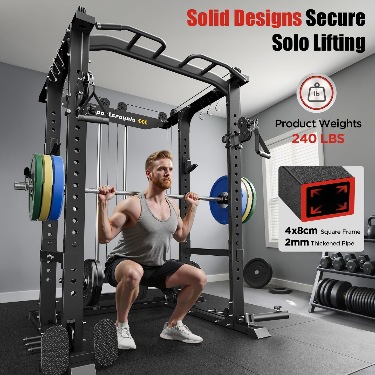 Sportsroyals Power Cage, Multi-Functional Squat Rack, Power Rack with Pulley System & LAT Pull Down, Workout Cage with J Hooks for Home Gym