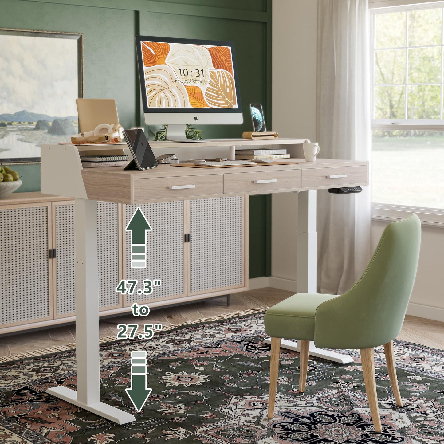 CubiCubi Standing Desk 55x26 Inches with 3 Wood Drawers and Monitor Shelf, Ergonomic Rising Home Office Desks, Height Adjustable Computer Desk, Sit Stand Up Electric Workstation Table, Pale Walnut