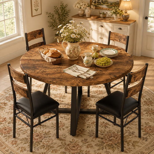 Garvee Round Dining Table Set for 4, 5 Piece Circle Wooden Kitchen Dinner Table & Chairs Set for 4, w/ 4 Unpholster Chairs, Sturdy Thick Frame, for Kitchen, Apartment, Small Space, Retro Brown