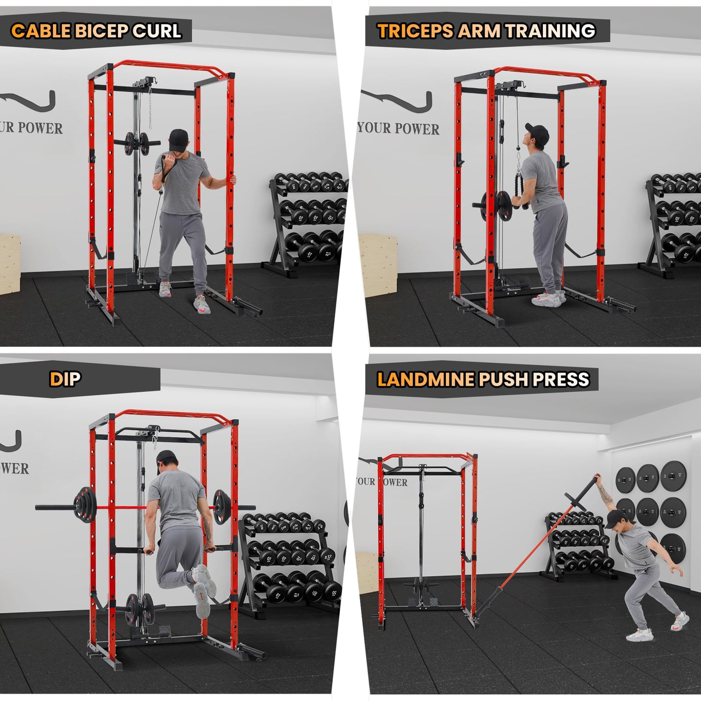 Power Cage with LAT Pulldown, Multi-Functional Power Rack with Cable Pulley System and J-Hooks, Squat Rack with Dip Bars and Landmine Attachment, Weight Cage for Home Gym Equipment (Black/Red)