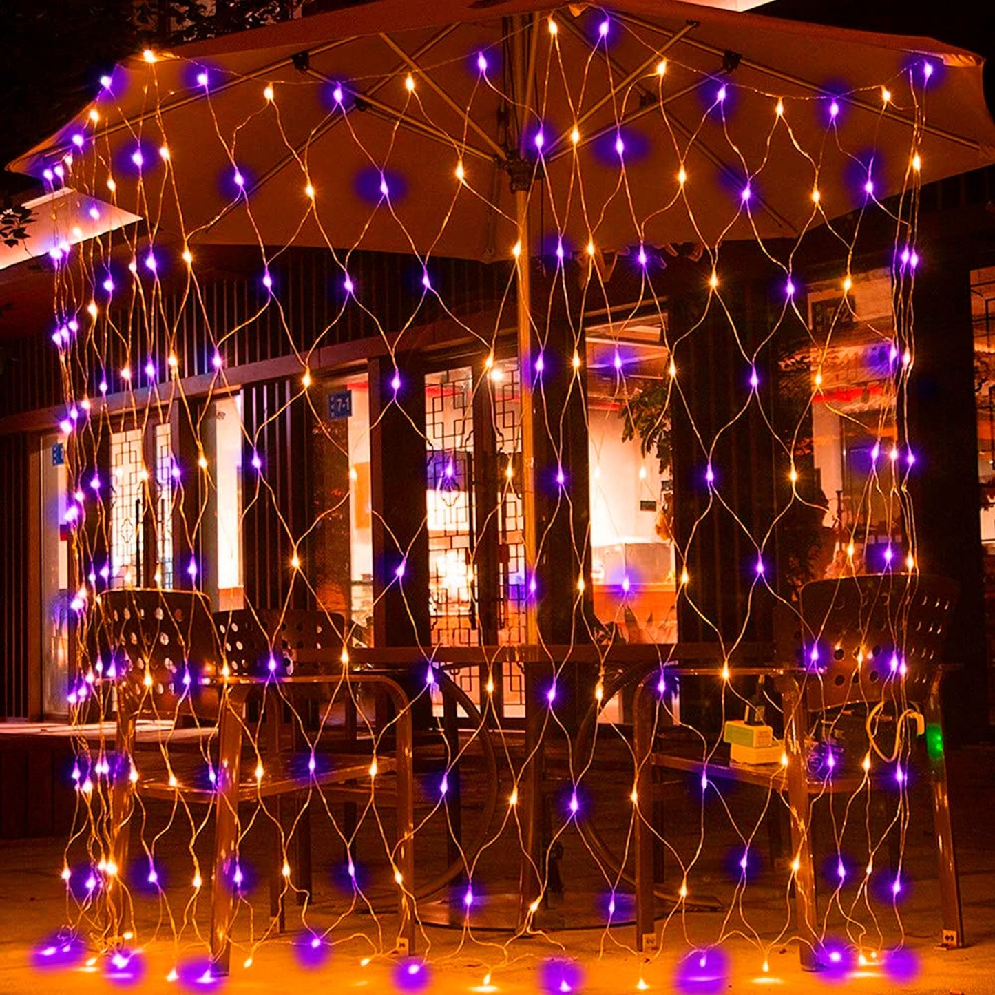 Dazzle Bright 200 LED Net Lights, 9.8 FT x 6.6 FT, Connectable Mesh Lights, Clear Wire, Purple & Orange, Model HB-360WCOI