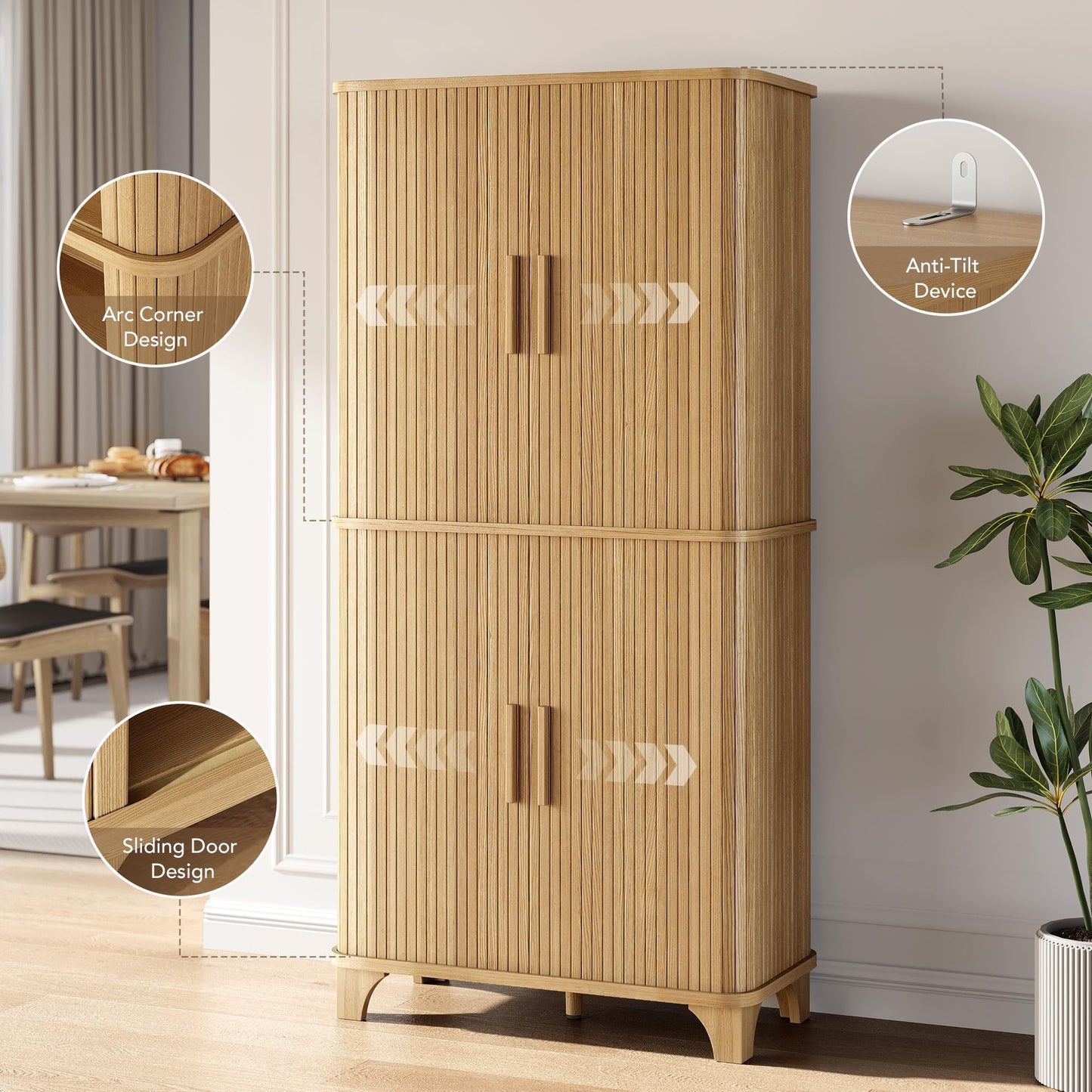 Decofy 69" Tall Kitchen Pantry Storage Cabinet with Sliding Door, Modern Curved Edge Pantry Storage Cabinet with 5 Shelves, Cupboard for the Kitchen, Dining Room, Bedroom, Living Room, Office (Oak)