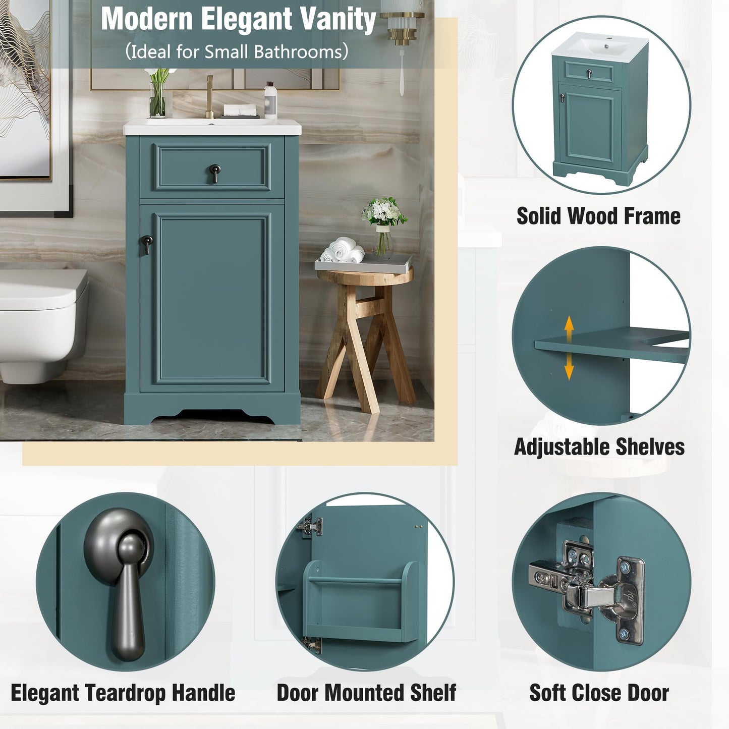 Merax Modern 20'' Bathroom Vanity with Single Sink Combo, Solid Wood Bathroom Storage Cabinet with Soft Close Door & Adjustable Shelf, Freestanding Vanities Set with Door-Mounted Storage Rack, Green