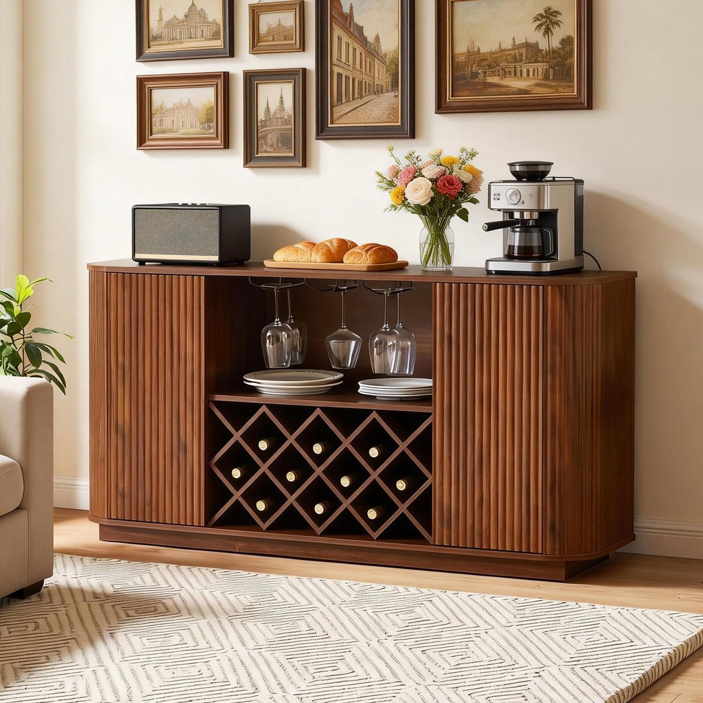 Rovibek Fluted Wine Bar Cabinet with Storage, 58" Buffet Sideboard Cabinet Sideboard with Wine Rack & Glass Holder, Farmhouse Wine and Coffee Bar Cabinet for Living Room, Kitchen, Walnut