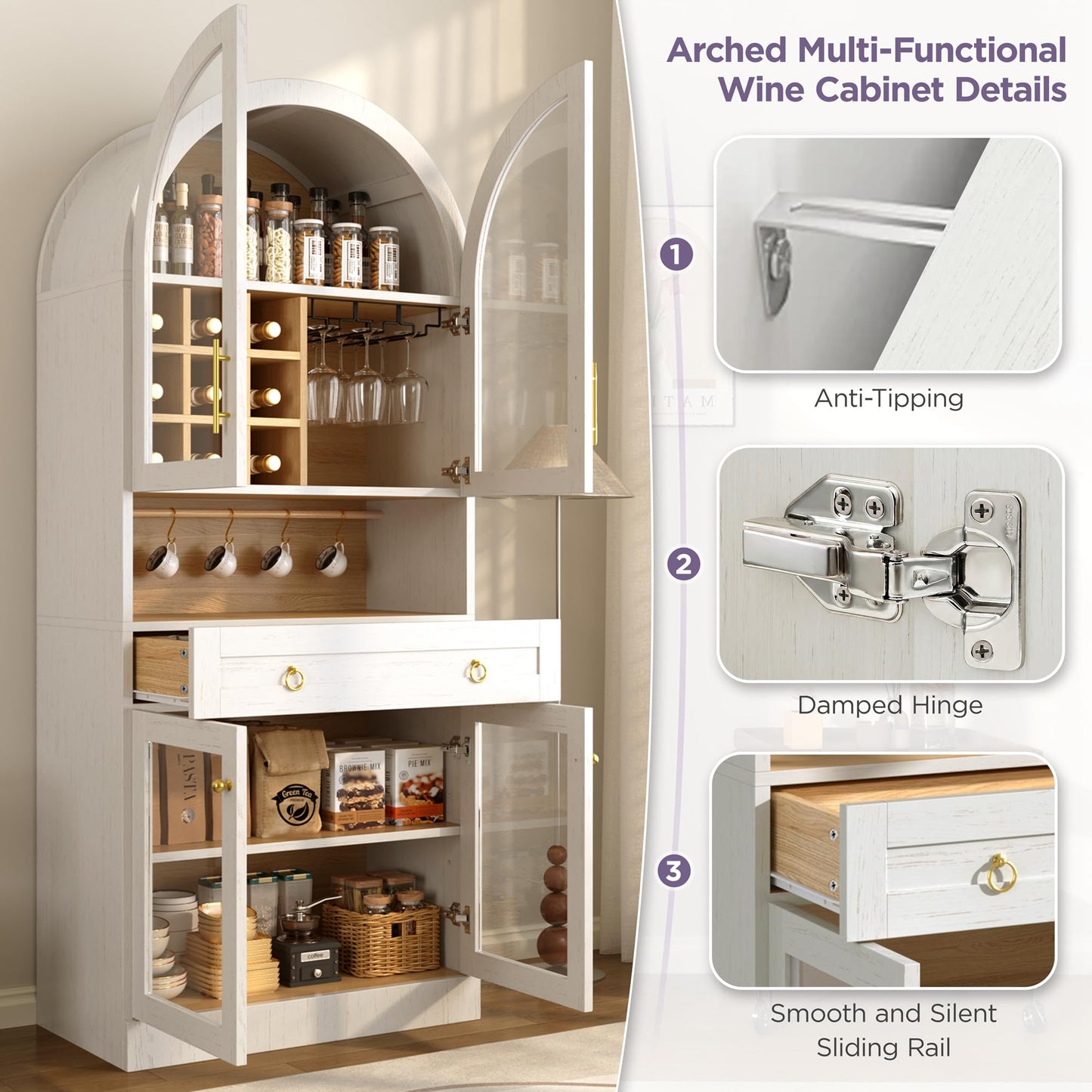 Merax 70" Tall Arched Farmhouse Pantry Cabinet with Glass Doors, White