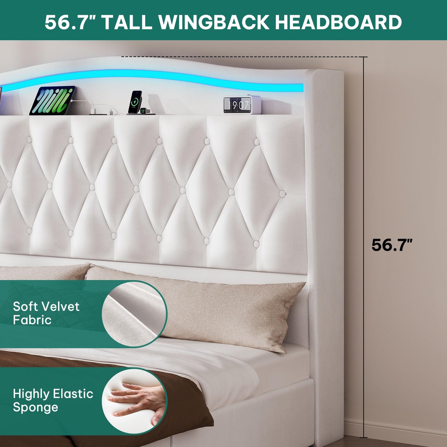 YITAHOME Queen Size Bed Frame with 4 Storage Drawers and RGB LED Lights, 57'' Tall Headboard Velvet Upholstered Bed with Charging Station, No Box Spring Needed, Easy Assembly, Noise-Free, White