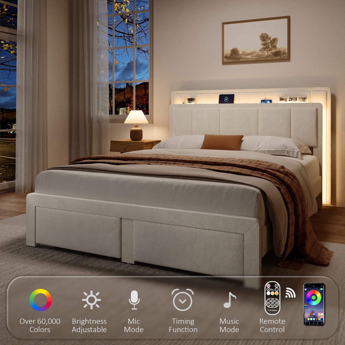 nesture. Queen Storage Bed Frame, Upholstered Platform Bed with 2 Drawers, Velvet Vertical Tufted Headboard with LED Lights & Charging Station, Wooden Slats Support, No Box Spring Needed, Off-White