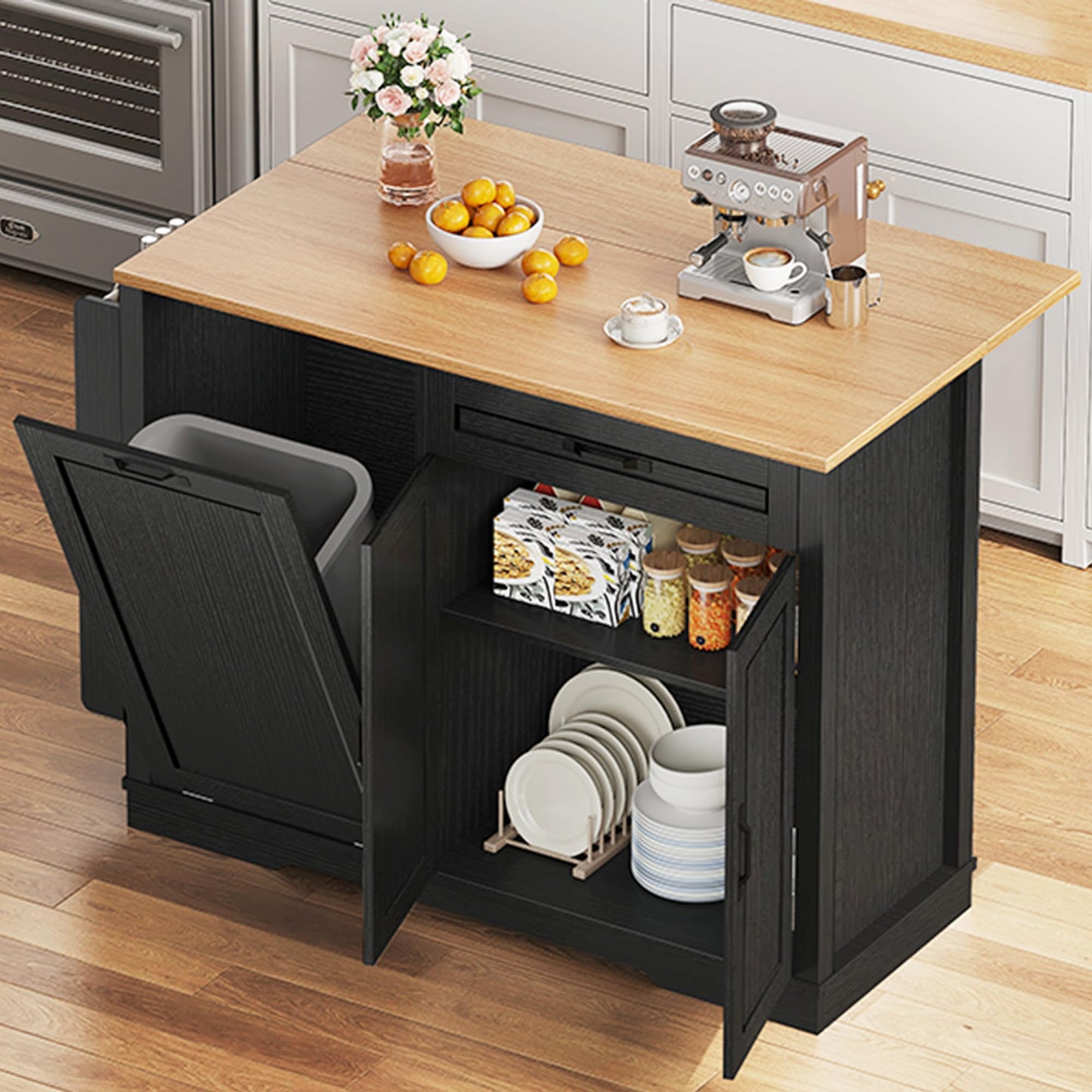 DWVO Tilt-Out Kitchen Trash Cans Cabinet, 50 Inch Rolling Kitchen Island with Drop Leaf, Portable Mobile Storage Island, Hidden Waste Bins Cabinet for 13 Gallon Garbage Bin, Black