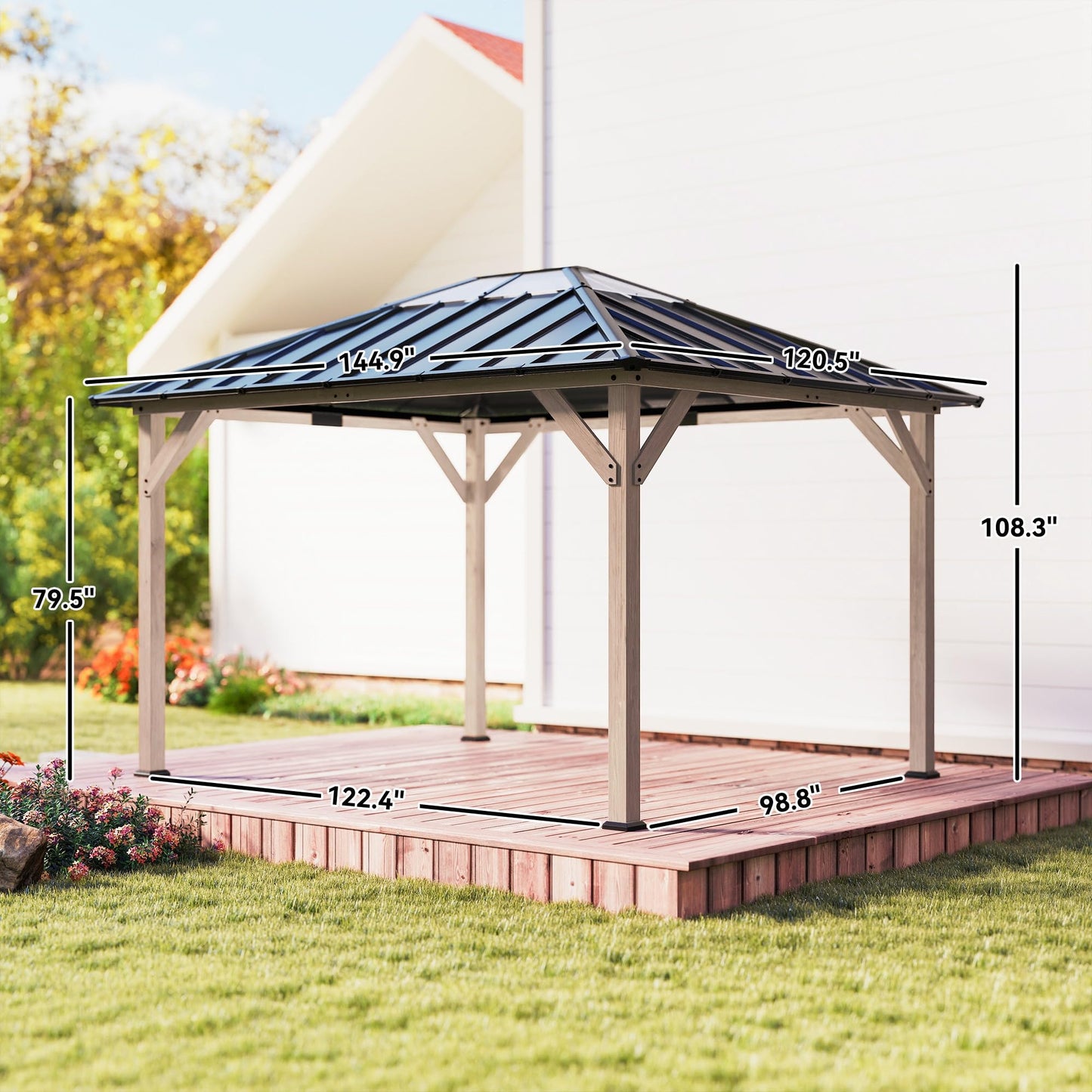 Outsunny 10' x 12' Hardtop Gazebo with Galvanized Steel Roof, Wood Permanent Pavilion Canopy Shelter with Clear Roof Top, UPF50+ Protection, Ceiling Hooks for Lawn, Backyard, Deck, Light Walnut