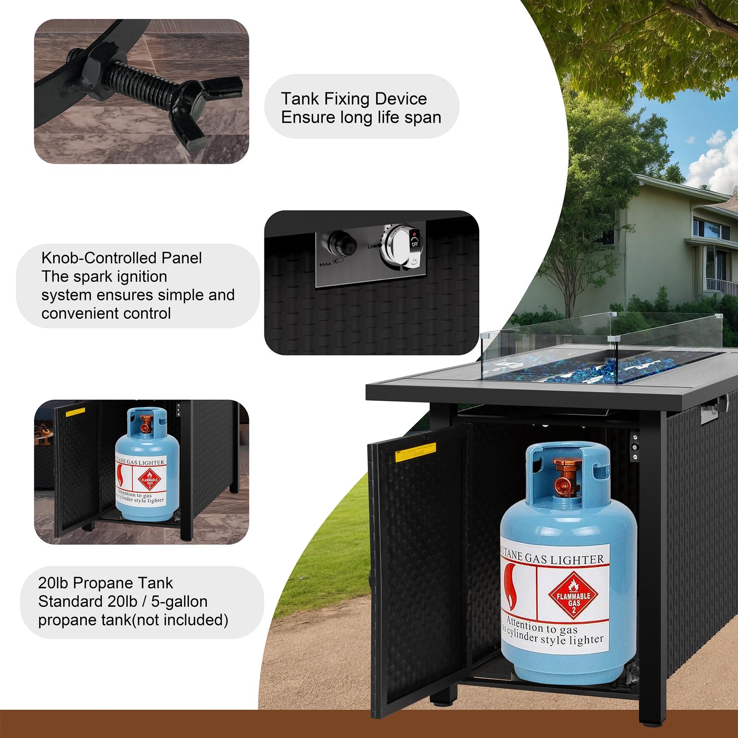 45 inch Outdoor Propane Fire Pit 50,000 BTU Gas Fire Pit Table with Lid, Glass Wind Guard, Waterproof Cover, Rectangle Gas Firepit Table for Garden/Patio, CSA Certification