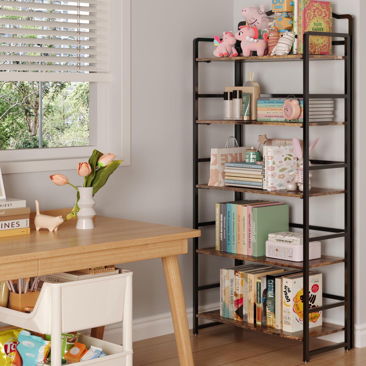 JSB 5 Tier No Assembly Folding Bookshelf, Arched Bookshelf, Foldable Bookcase for Living Room, Bedroom, Office,Skinny Bookshelf (Fire Brown)