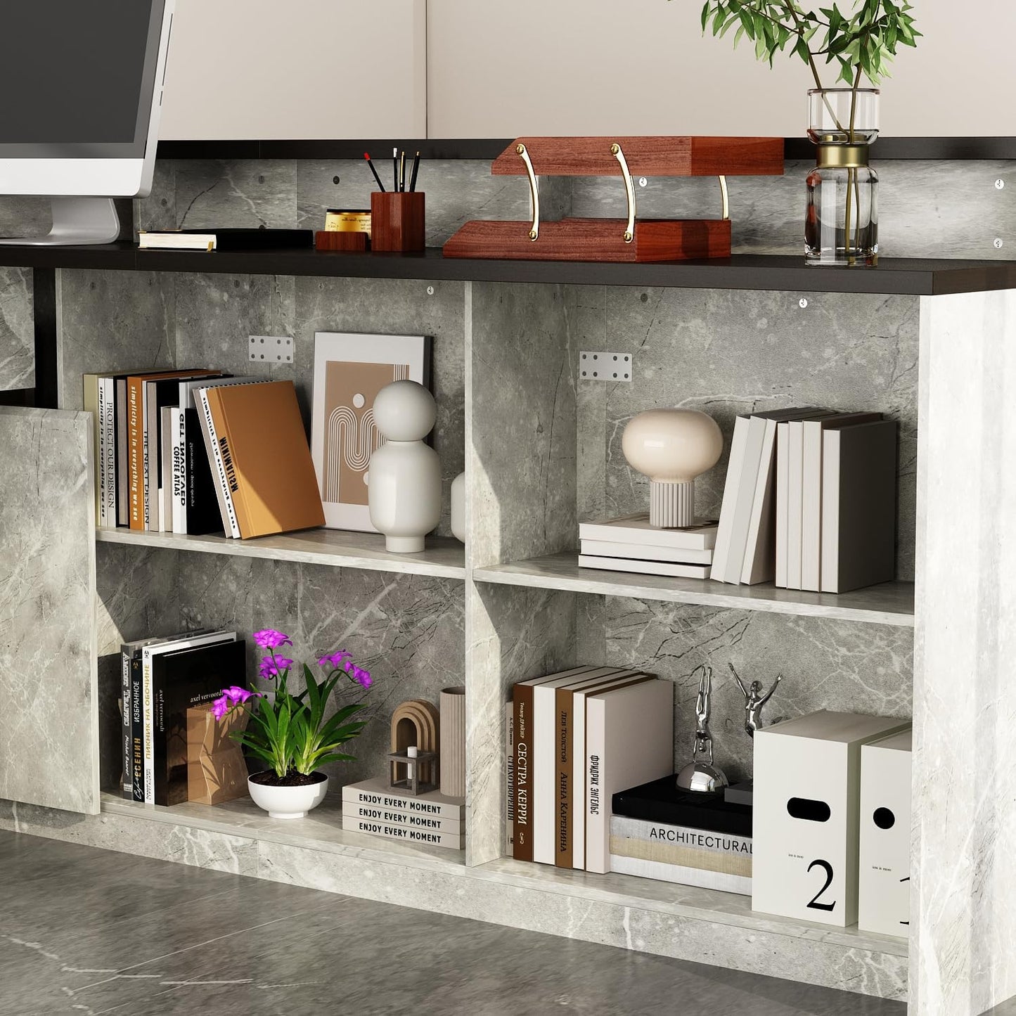 HOMSETTIE 94.5" W Reception Desk with Counter and LED Lights, Modern L-Shaped Front Desk with Drawer & Shelves, Checkout Counter for Reception Room, Retail, Salon, Bar