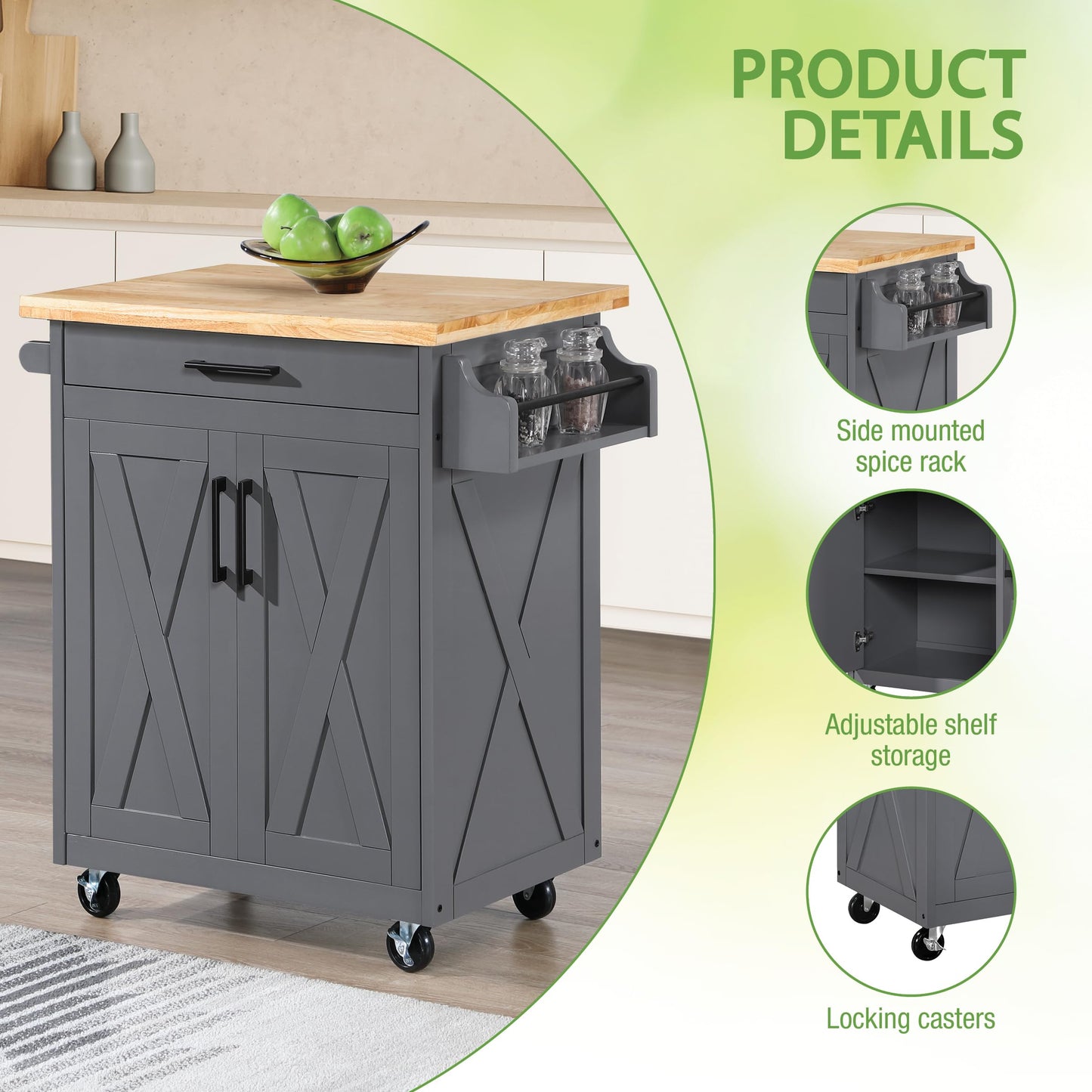 OSP Home Furnishings Bolten Farmhouse Kitchen Cart with Butcher Block Top, Rolling Island with Storage Cabinet and Drawer, 35.5H x 32W x 19D inches, Grey