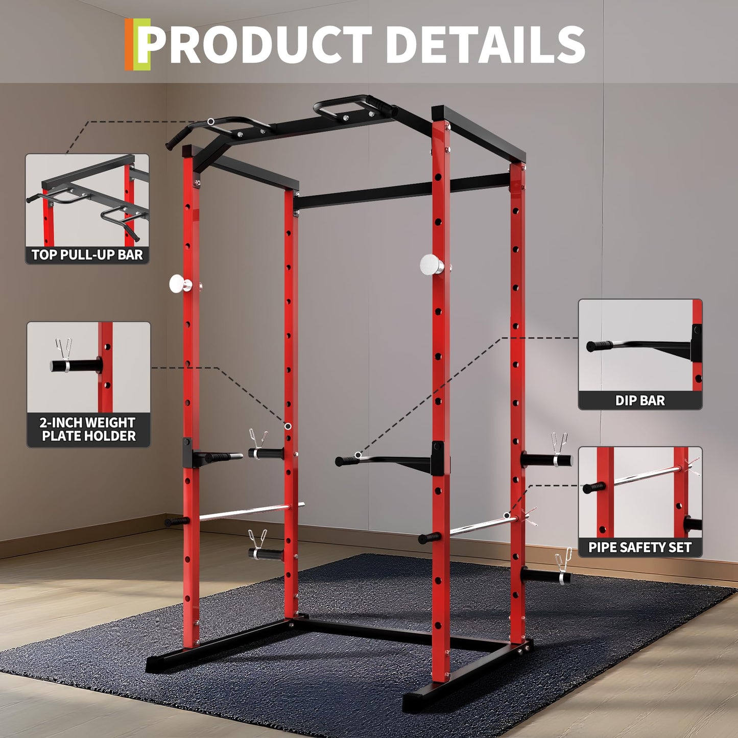 GarveeLife Power Cage Squat Rack for Home Gym, 1100 LB Capacity Power Rack with Pull-Up Bar, Dip Bars, & Adjustable Safety Bars, Strength Training for Home Gym, Red