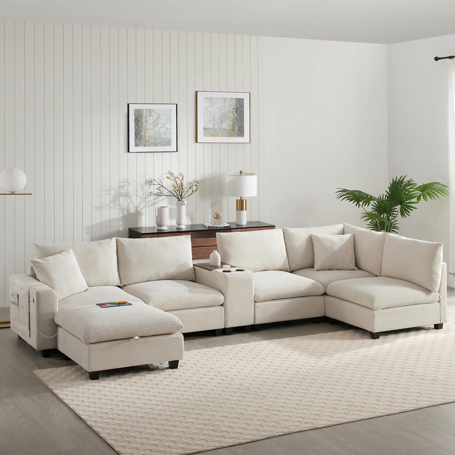 Merax 139'' Oversized Modular Sectional Sofa with Storage Ottoman and Console, Removable Storage Pockets, Cup Holder, Wide Seat, USB Charger, 6 Seat U Shaped Chenille Couch Set for Living Room, Beige
