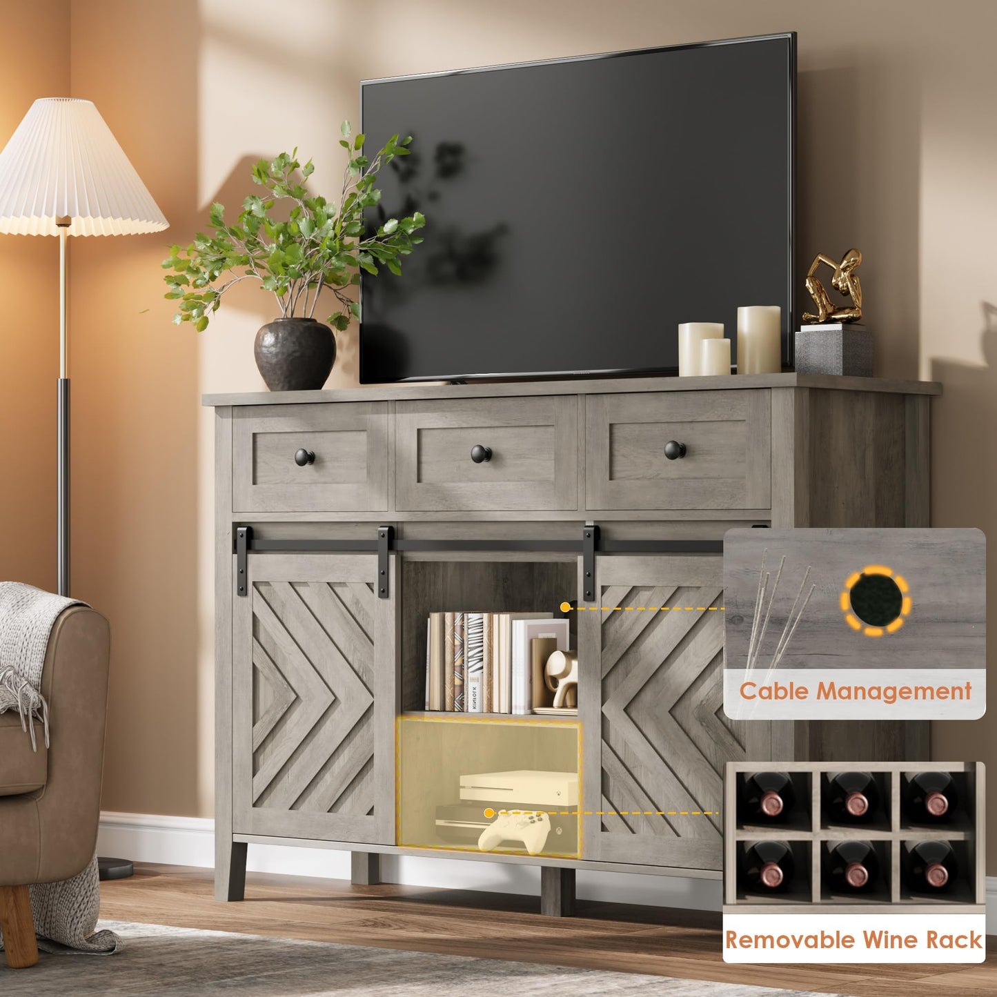 MERXENG 47 in Farmhouse Sideboard Buffet Cabinet with Wine Rack & Drawers, Wood Wine Bar Cabinet with Sliding Barn Doors, Rustic Coffee Station for Dining Room Kitchen Living Room, Grey