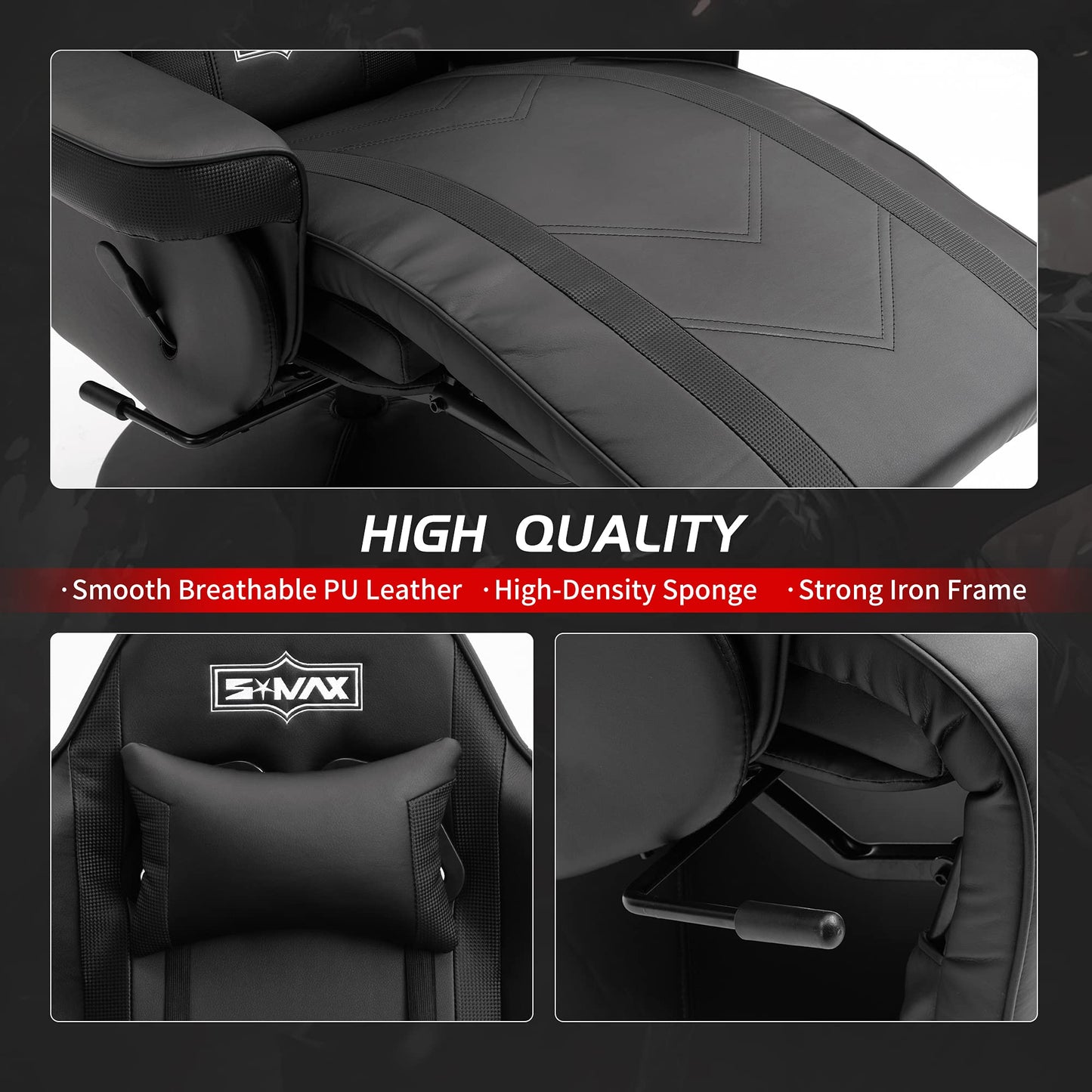 S*MAX Gaming Recliner Chair for Adults Racing Style Ergonomic High Back Swivel PU Leather Gaming Chair with Adjustable Backrest and Footrest Cup Holder Side Pouch Black