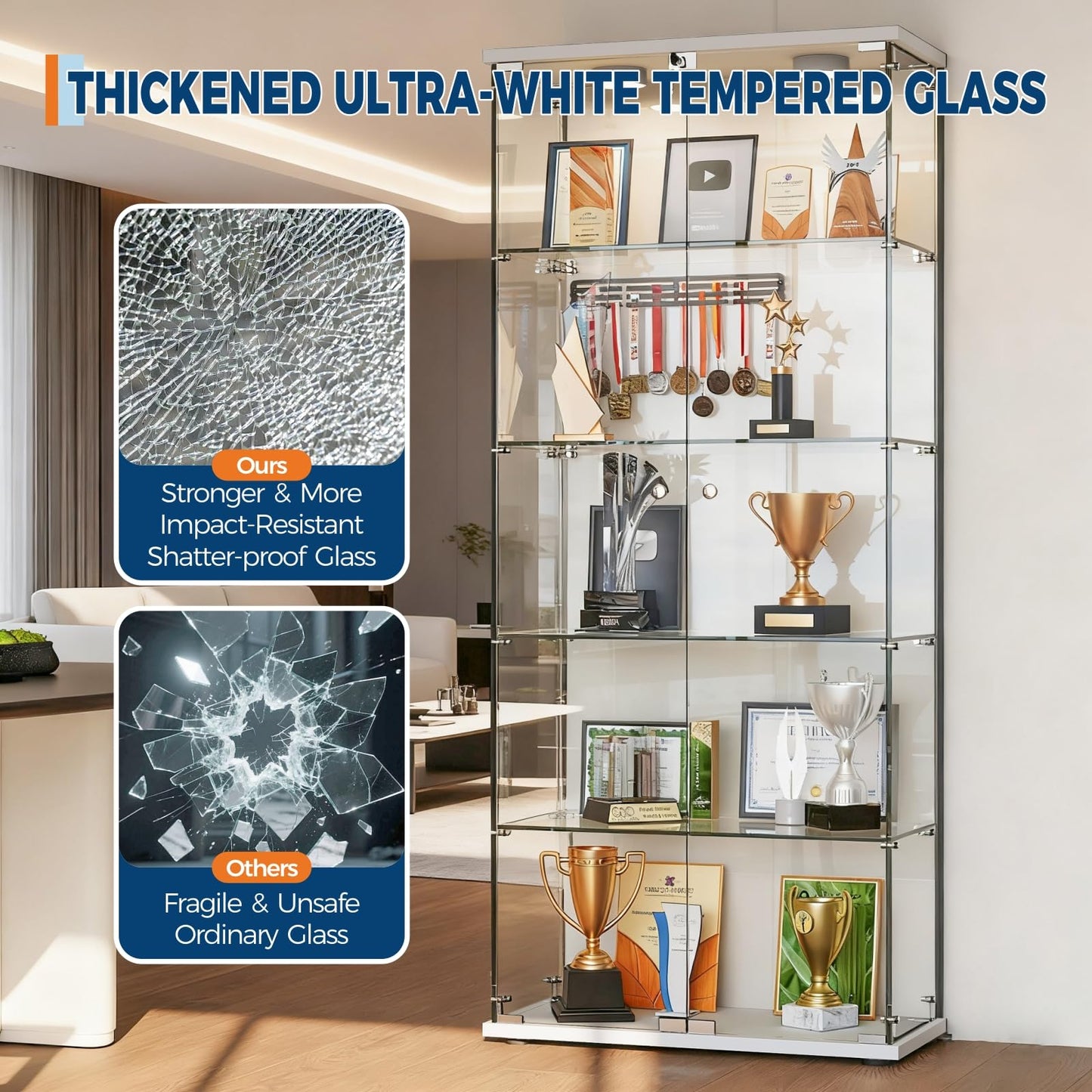 Garvee Glass Display Cabinet with LED Light, Tempered Glass Curio Collection Display Showcase with 5 Shelves and Lock, 2 Door Curio Cabinets for Living Room Bedroom Office, White