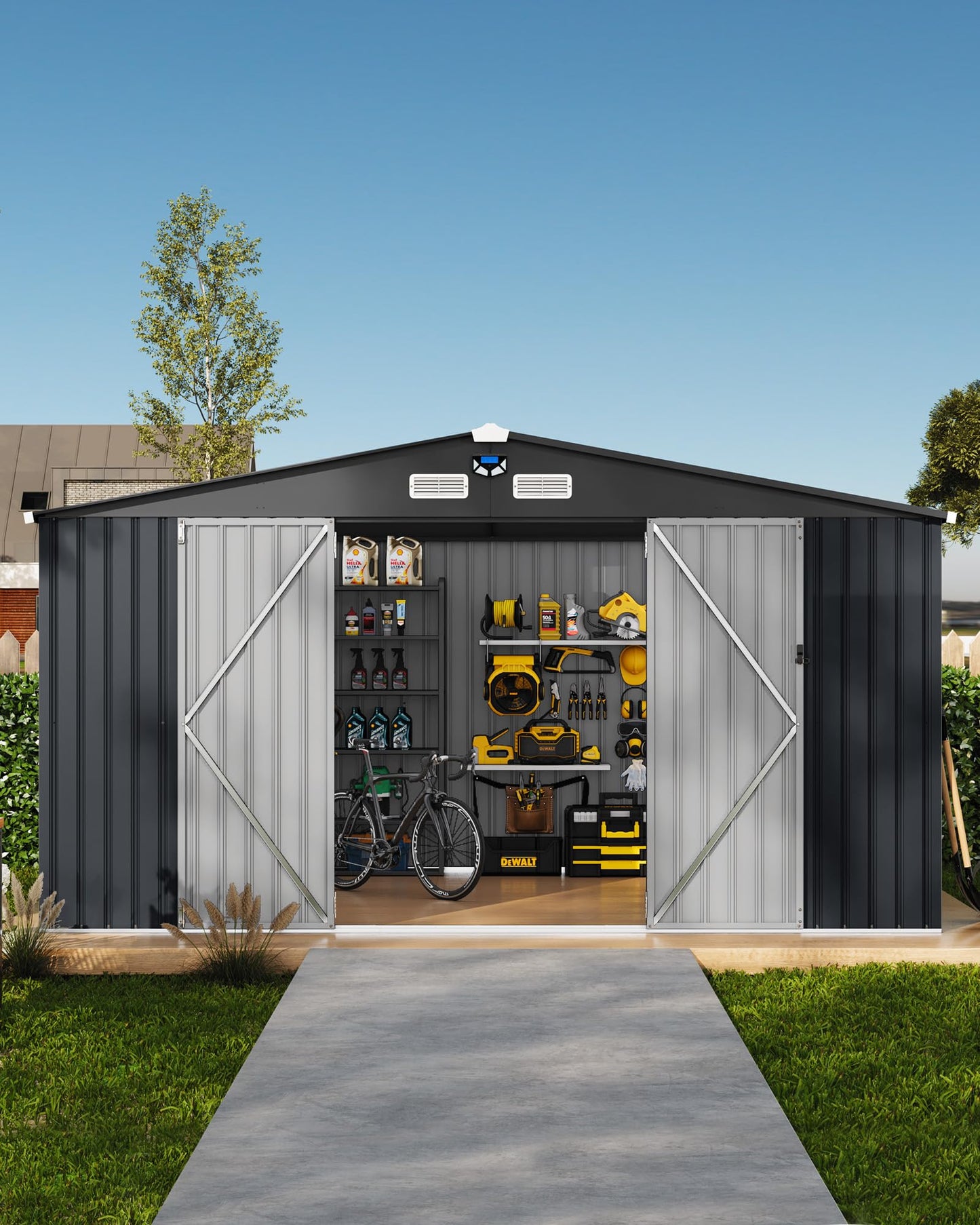 12x10 FT Outdoor Storage Shed with Windows and Solar LED Light, Large Waterproof Metal Garden Shed with Lockable Double Doors, Vented Sloped Roof for Backyard Lawn Patio, Dark Gray