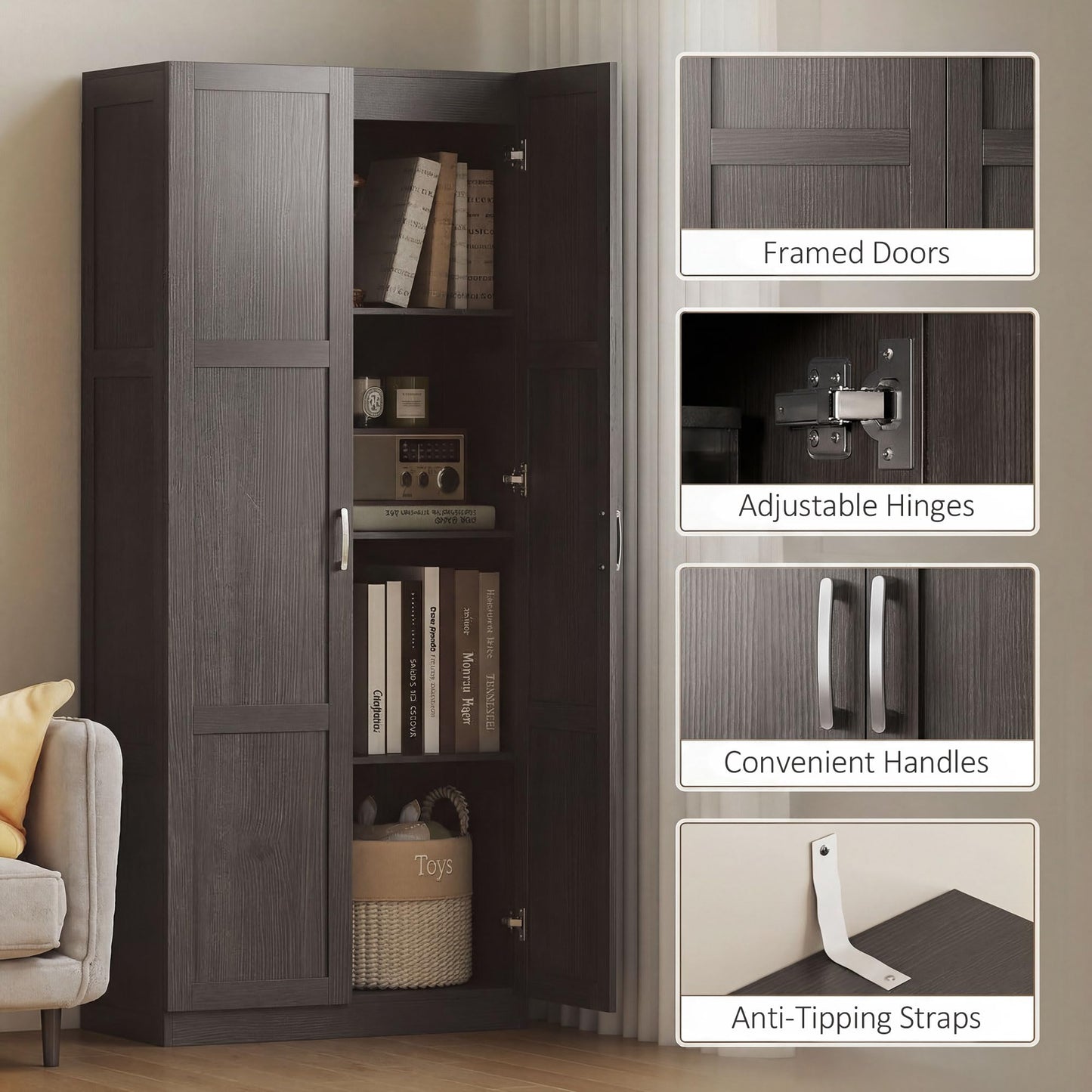 HOMCOM 71" Tall Kitchen Pantry Cabinet, Large Multipurpose Storage Cabinet with 4 Adjustable Shelves, Modern Farmhouse Freestanding Food Pantry with Framed Doors & Soft-Close Hinges, Espresso