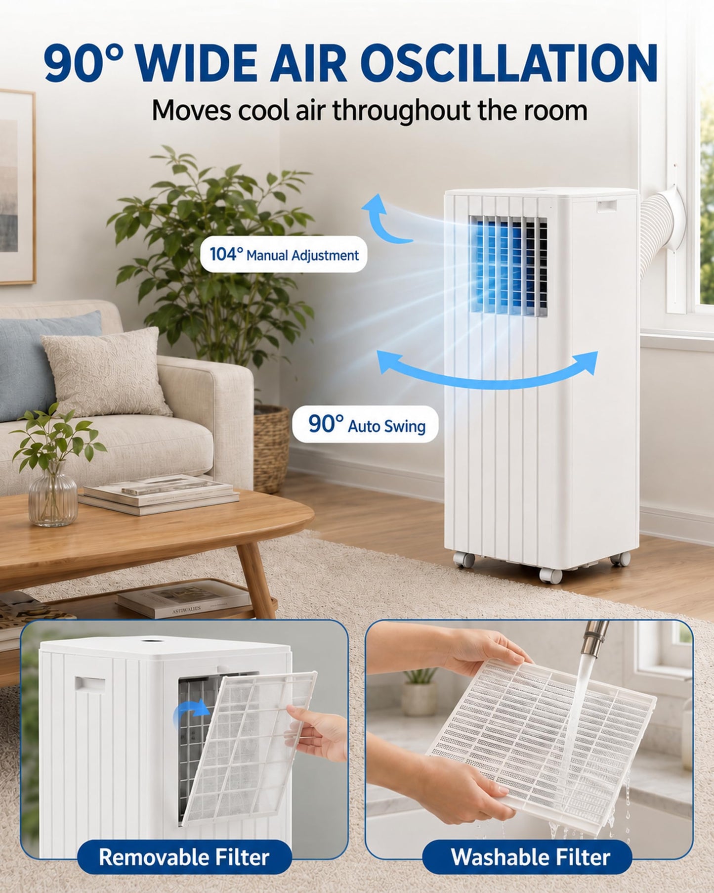 8,000 BTU Portable Air Conditioners, Cools Room Up to 350 Sq.Ft, 4-in-1 AC Unit with Dehumidifier & Fan Mode, Remote Control, Ultra-Quiet 50dB, White & Black, Easy Window Kit