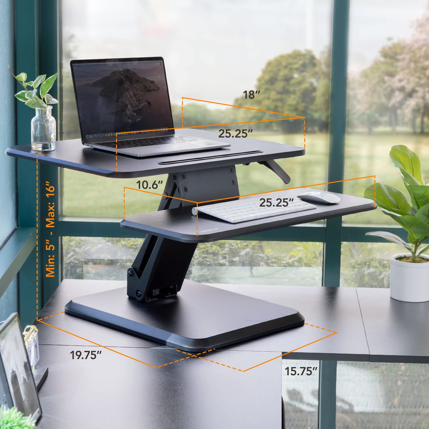 Mount-It! Standing Desk Converter, Compact 25" Sit Stand Desk Riser with Gas Spring Lift, Adjustable Height Desktop Riser for Laptop, Monitor, and Keyboard, Small Home Office Desk Converter