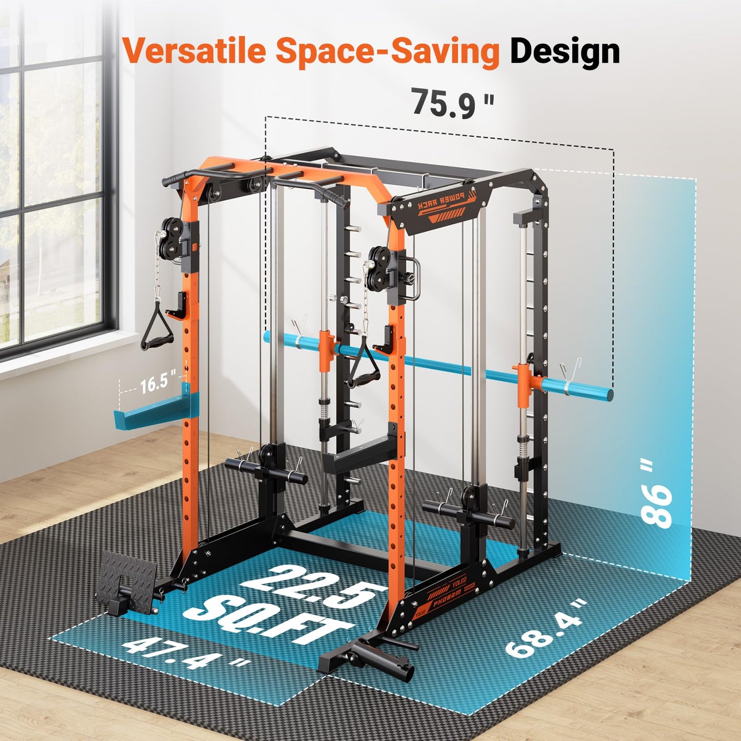 YOLEO Smith Machine with Independent Dual-Pulley System, 1800LBS Adjustable Cable Crossover Squat Rack, Multi-Functional Power Cage for Home Gym with More Workout Equipment LAT Pulldown Bar & Dip Bar