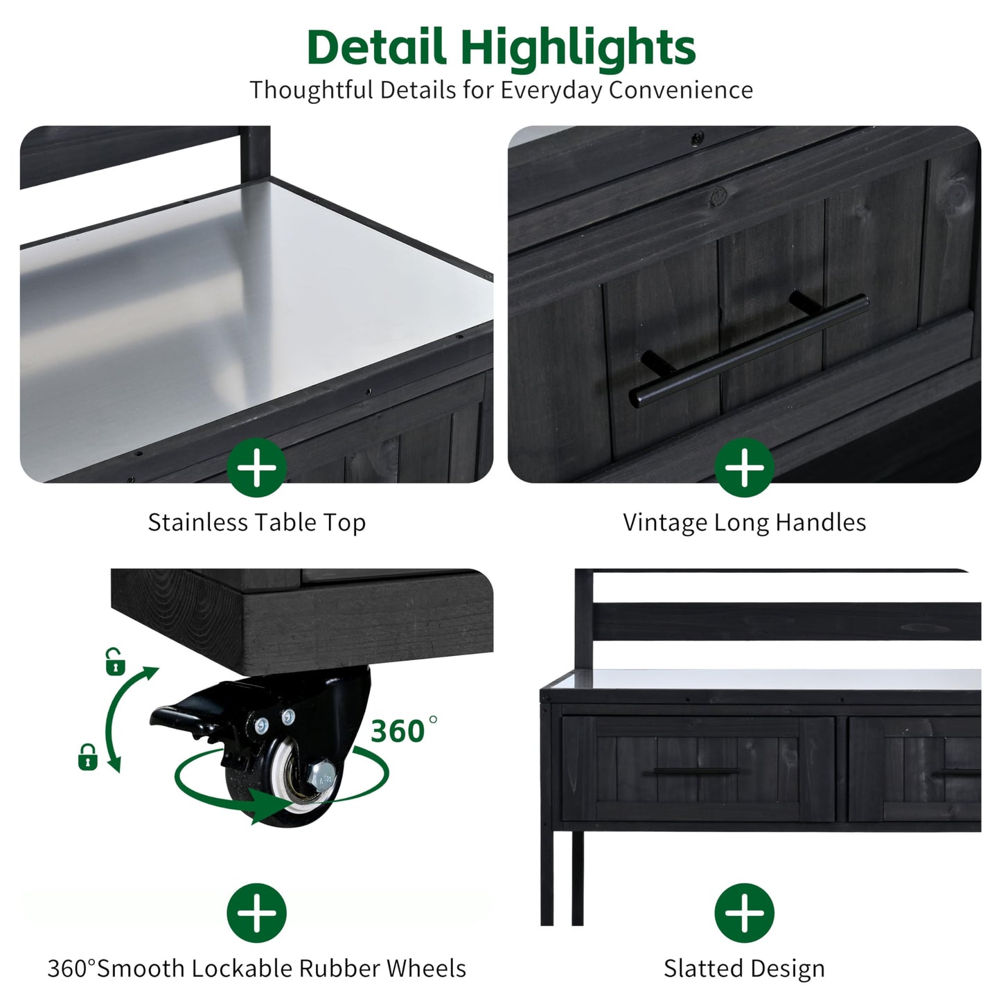Merax 62.3'' Outdoor Mobile Kitchen Island on Wheels with Stainless Table Top, Outdoor Prep Cart Grill Table with Raised Shelf and Drawers for BBQ, Party, Black