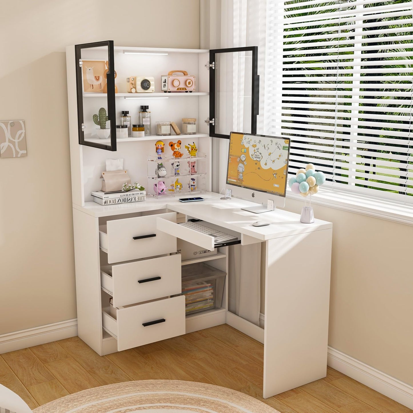 KEIKI L Shaped Home Office Desks with LED Light, Glass Storage Cabinets, USB Charging Ports, Keyboard Tray, Drawers, Modern Wooden Gaming Computer Corner Table for Work, Study, Writing