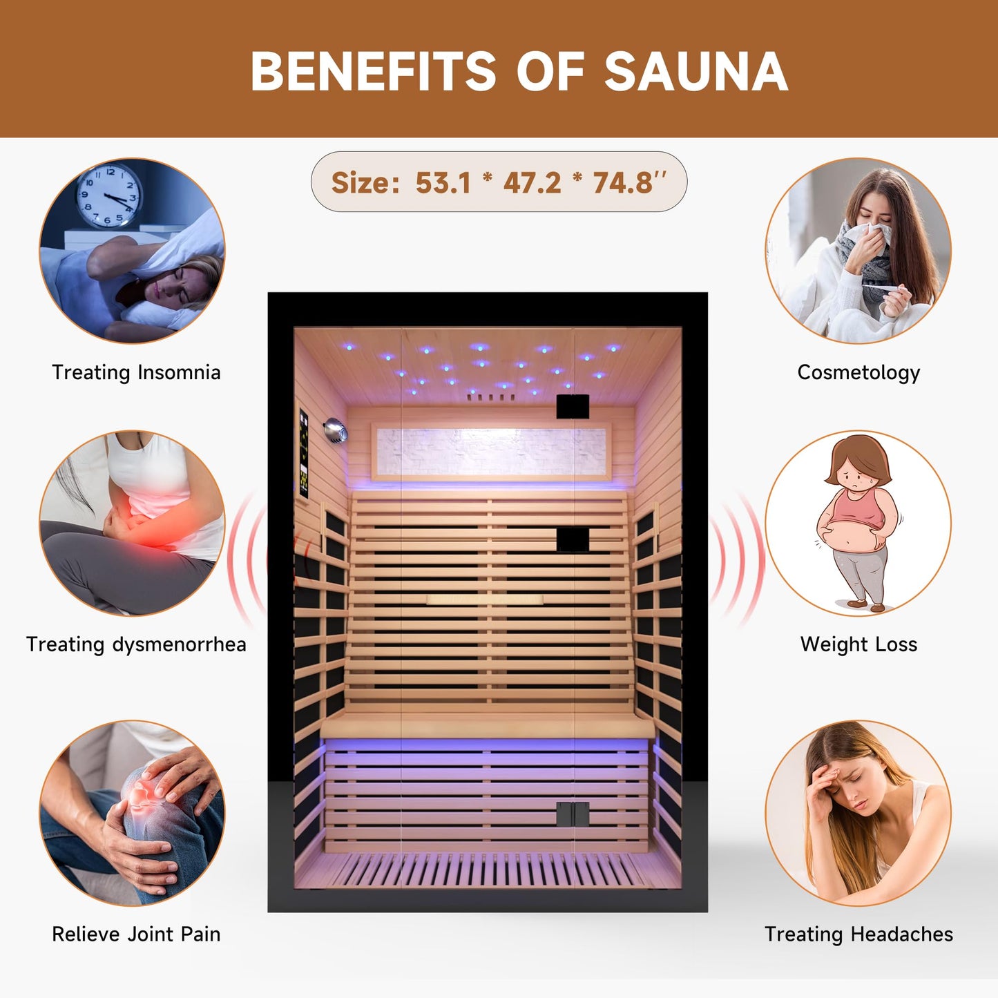 HOSAUNA Sauna 2 Person Far Infrared Sauna Home Canadian Hemlock Indoor 2160W Low-EMF Dry Saunas with Oxygen Bar, 21 Full Stars in 7 Color Remedies, Control Panel, Speakers (53.1 * 47.2 * 74.8 in)