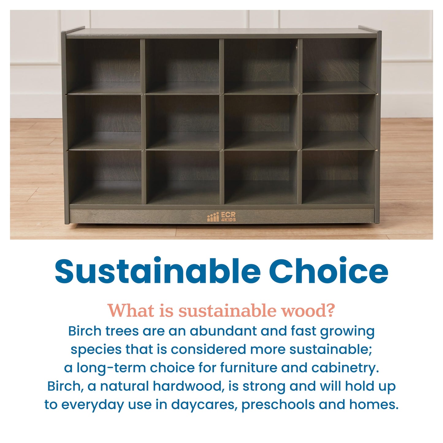 ECR4Kids 12 Cubby Mobile Tray Storage Cabinet, 3x4, Classroom Furniture, Grey Wash