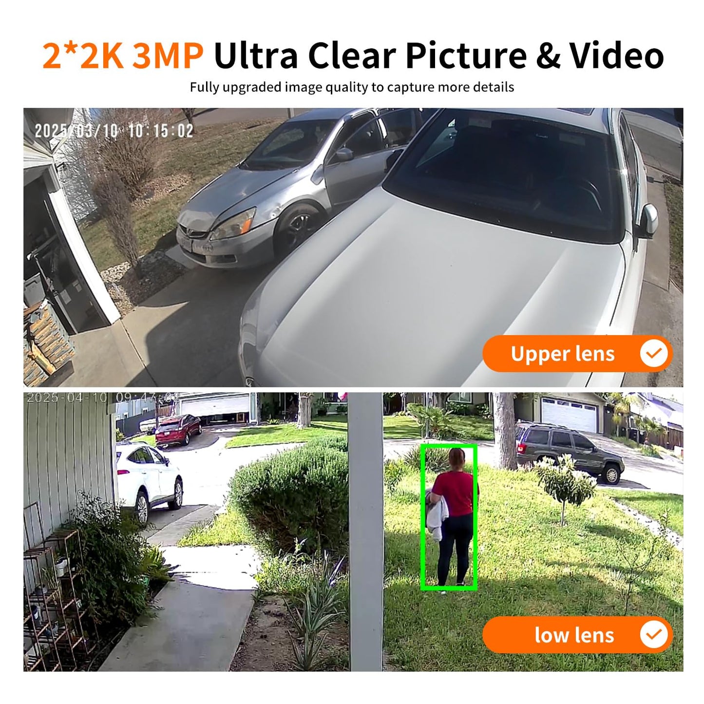 LETSCEE Dual Lens Security Cameras Wireless Outdoor，Solar Cameras for Home Security，Motion Detection,Night Vision,No Month Fee,IP65 Water Proof