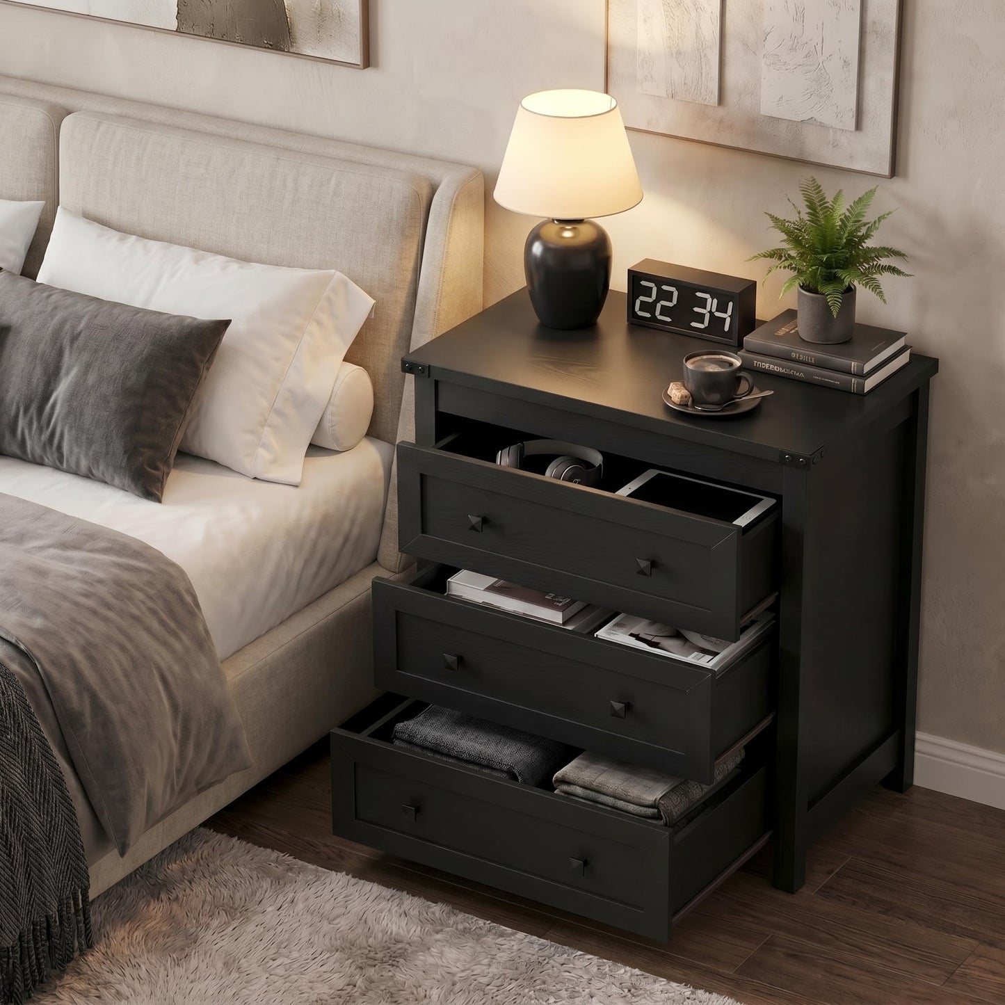 BORNOON 3-Drawer Night Stand Set of 2, Modern Bedside Table Dresser with Metal Handles, Sturdy Wooden End Side Table Storage Cabinet with Anti-Tipping Design for Bedroom