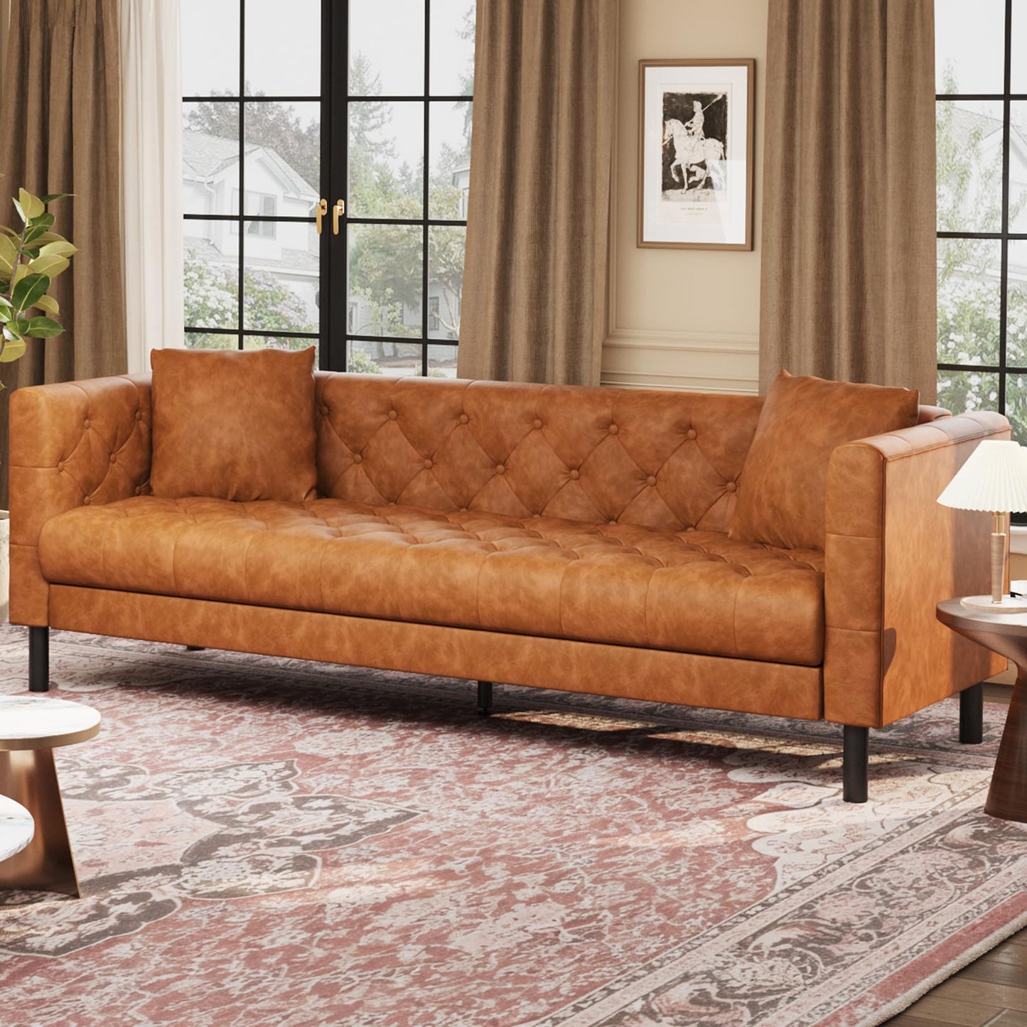Garvee 81 Inch Leather Couch for Living Room, Modern Leather Sofa with Deep Seat, Handmade Button Tufted Sofa, Chesterfield 3 Seat Couch for Apartment, Office, Cognac Tan
