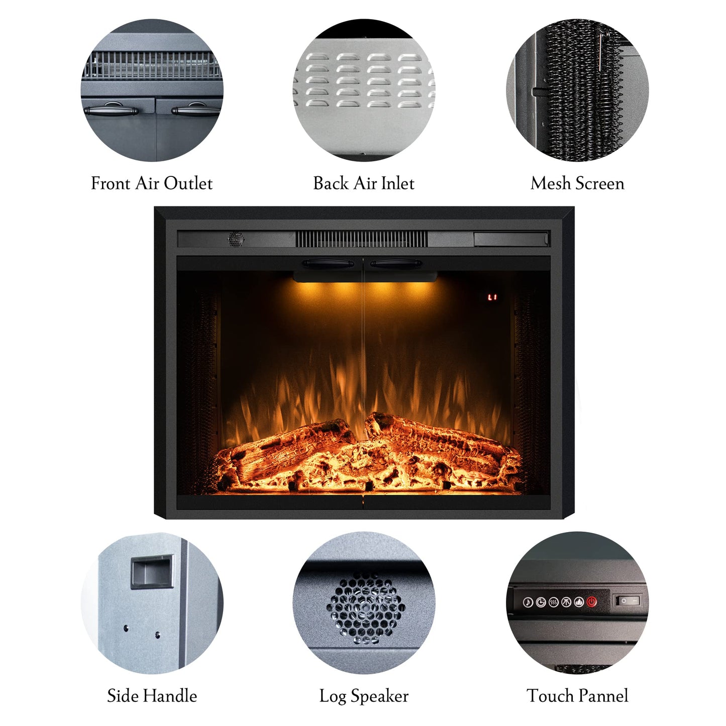 Benrocks 40'' Electric Fireplace Inserts with Glass Door, Electric Fireplace Heater with Fire Crackling Sound, Adjustable Top Light & Flame Speed, Overheating Protection, 750/1500W Black