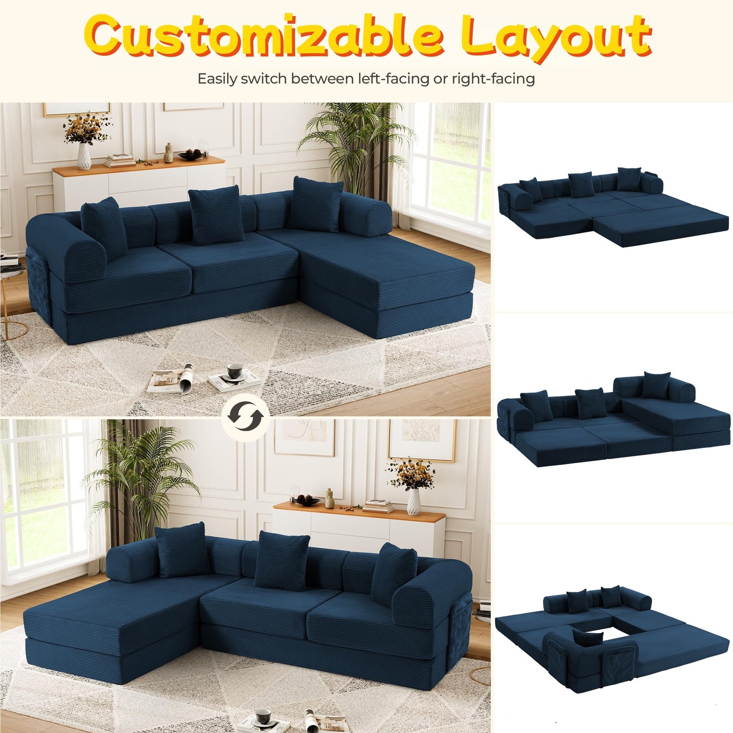 Topcomfy 106.3" Modular Sectional Sleeper Sofa with Metal Frame Support, Convertible 4-Seater L-Shaped Cloud Couch for Living Room, Corduroy Memory Foam Pit Sofa, Blue