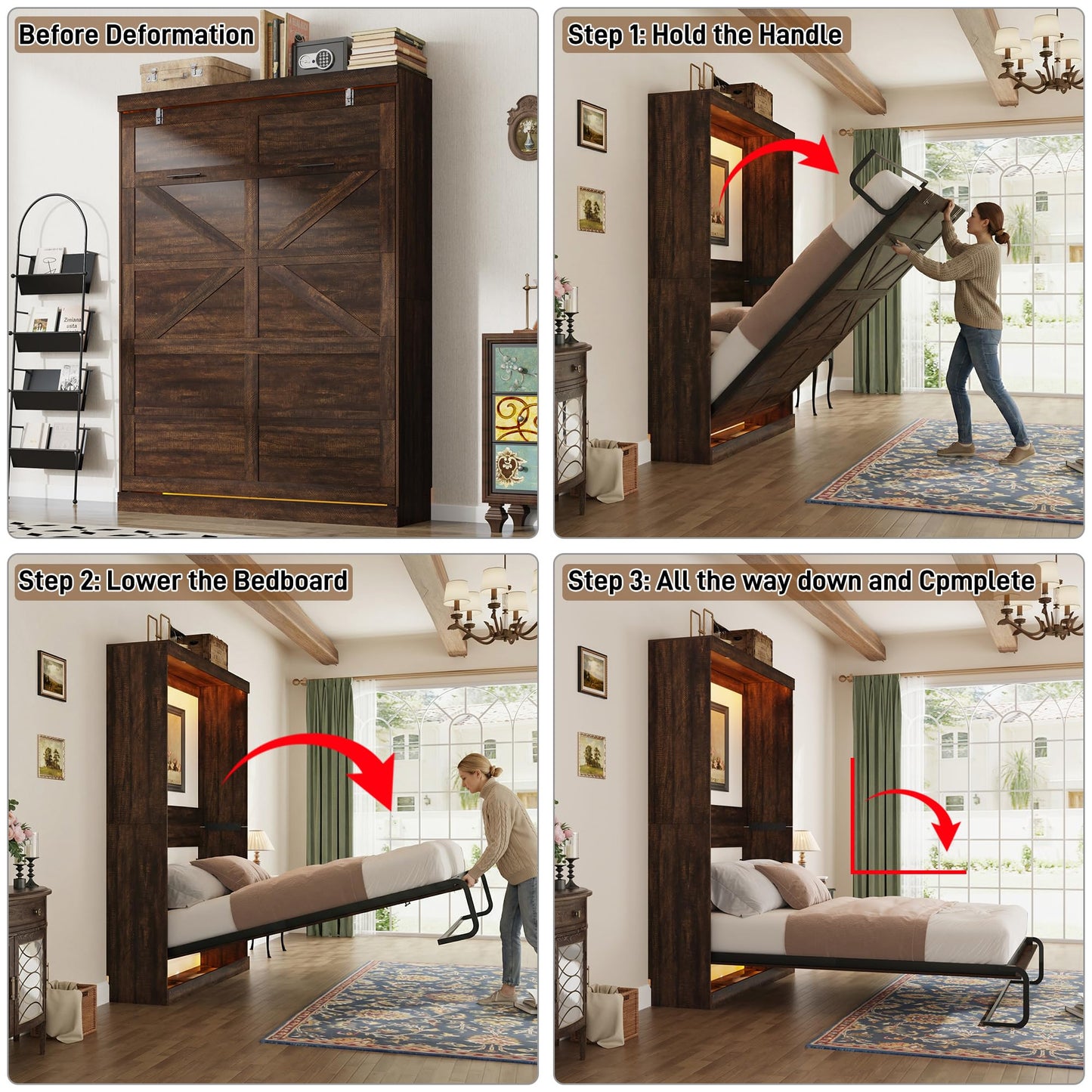 Hlivelood Full Size Murphy Bed with 2 LED Lights, Farmhouse Wood Hidden Foldable Wall Bed Frame w/Gas Struts, Storage Bed Cabinet for Bedroom, Office, Space-Saving, No Box Spring Needed, Brown