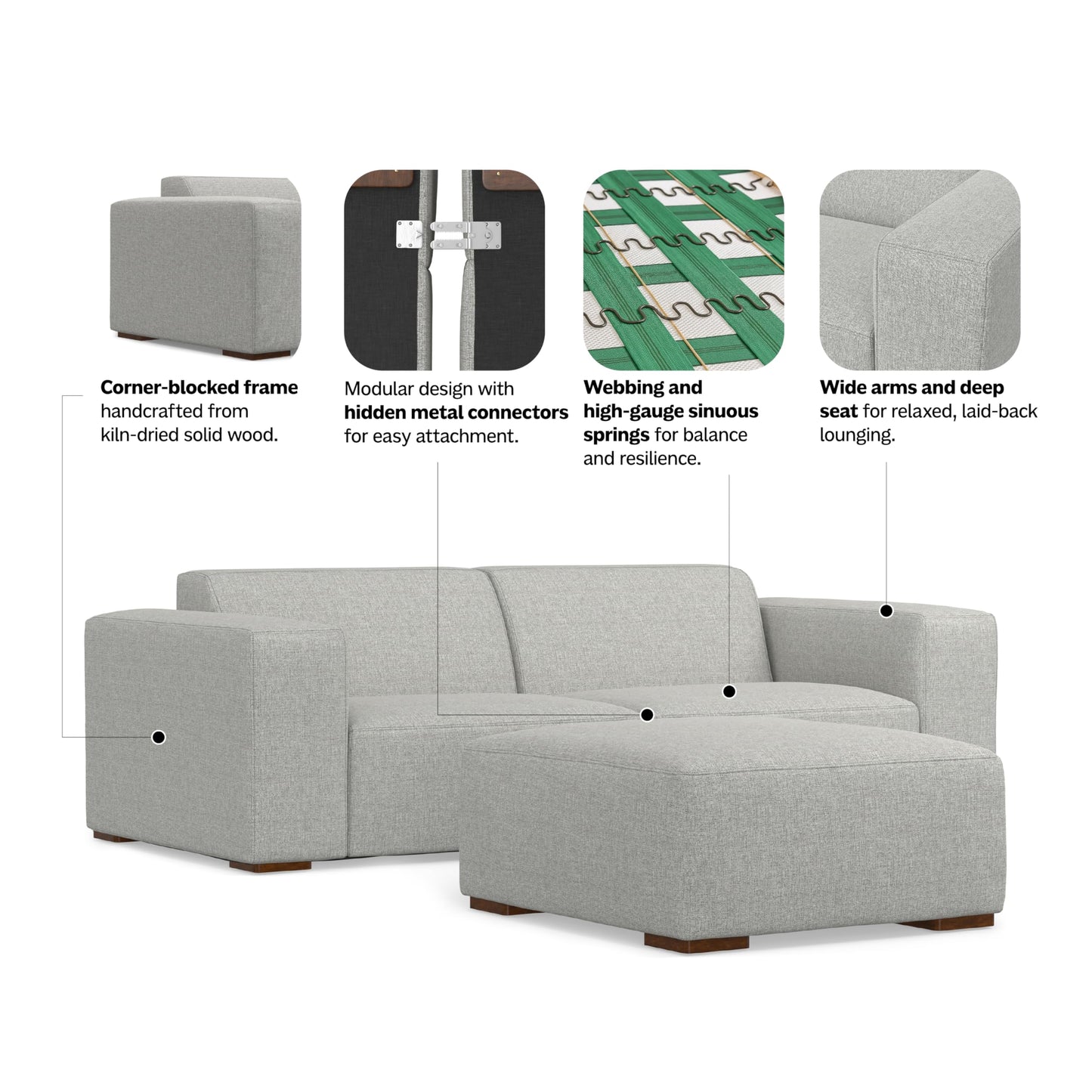 SIMPLIHOME Rex Modular Sofa and Ottoman Set in 100% Recycled Polyester Tightly Woven Performance Fabric, Pale Grey, 88-inch-Wide 2-Seater Couch and Matching 34-inch-Wide Table Ottoman for Living Room