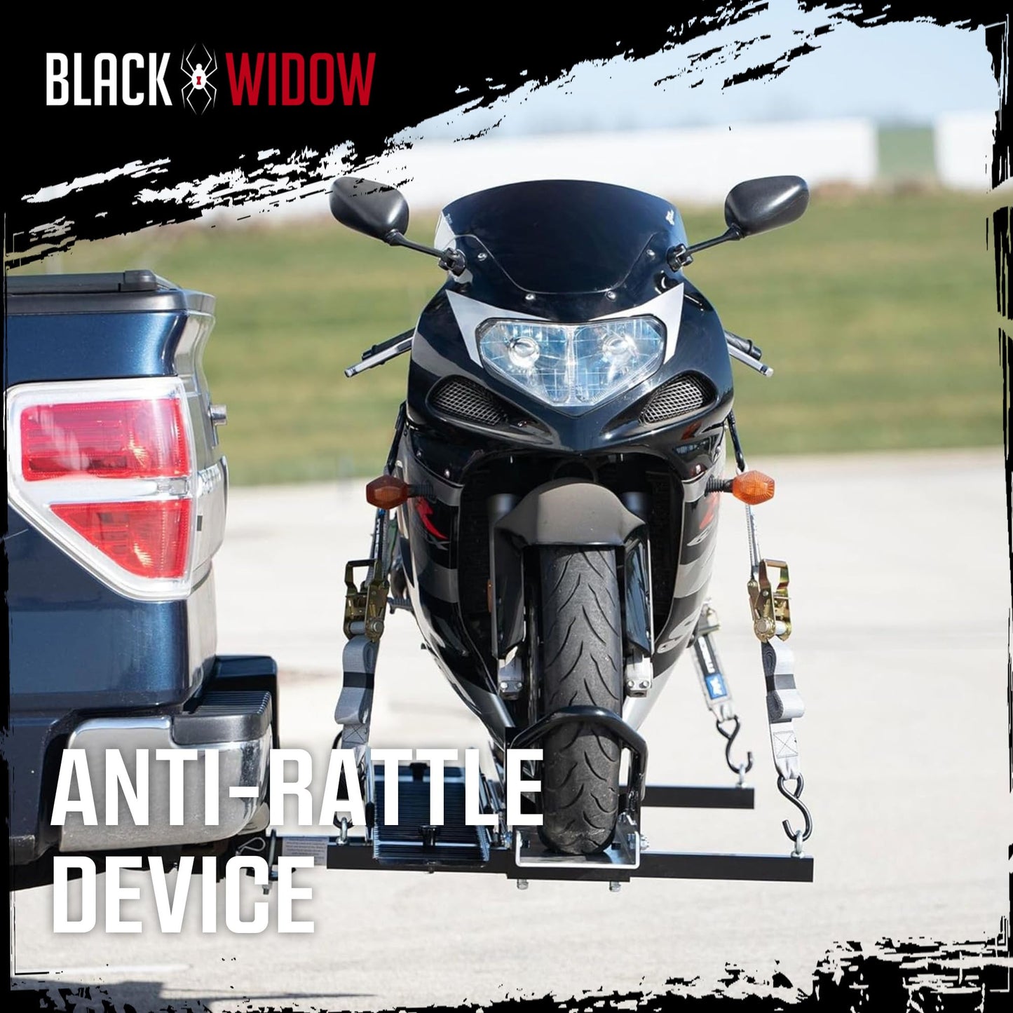 Black Widow Hitch Mounted Motorcycle Carrier with Ramp, Heavy Duty Steel Frame & Aluminum Track, 600 Pound Capacity, 72 Inch Ramp, Black