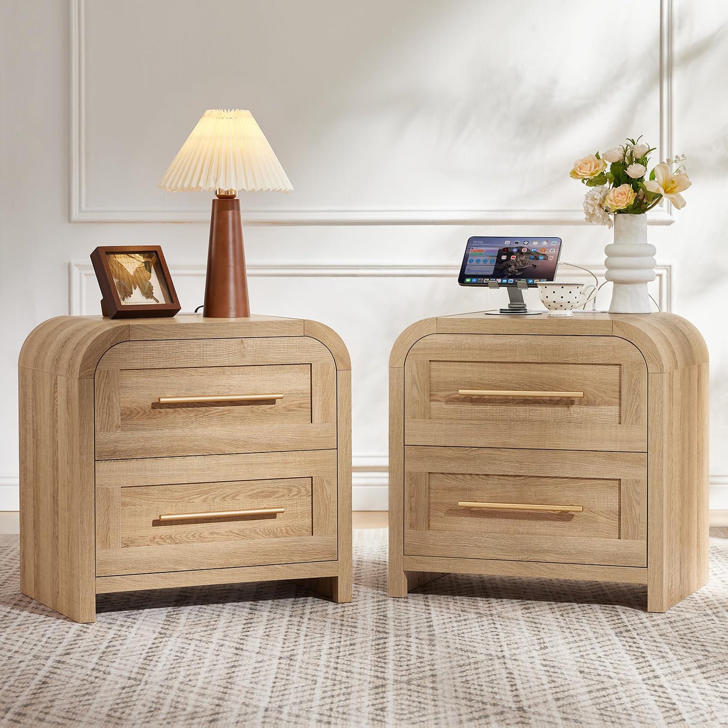 JINVICJIASI Night Stand Set 2 with Charging Station, Curved Modern Nightstand with 2 Drawers & Metal Handle,22" Mid Century Side End Tables, Thick Desktop Bedside Table Storage Cabinet for Bedroom