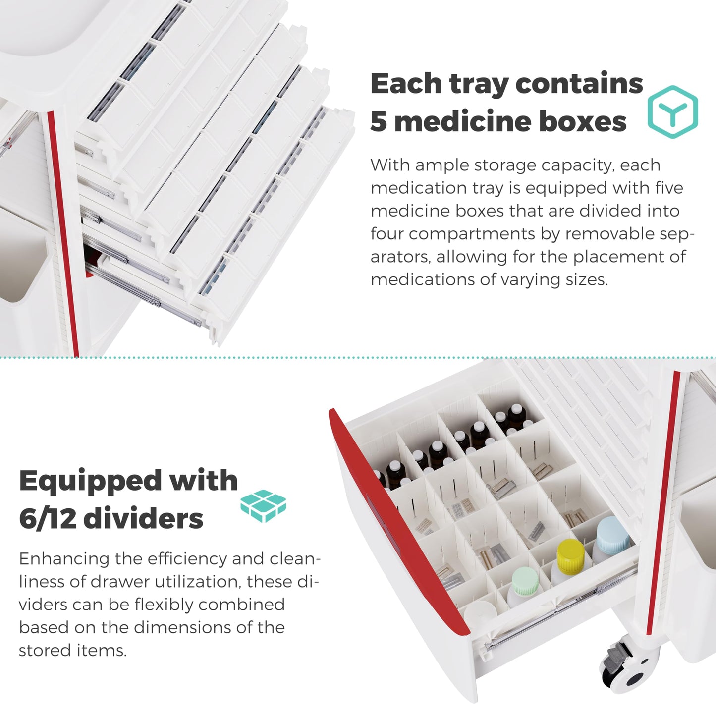 OLERN Medication Bins Cart with 200 Bins, 10 Drawers - Dual-Sided Open, 50 Medicine Boxes, Hidden Sub Workbench, Silent Casters, Container, 2 Trash Bin-Medical Crash Cart for Clinic, Hospital and Lab