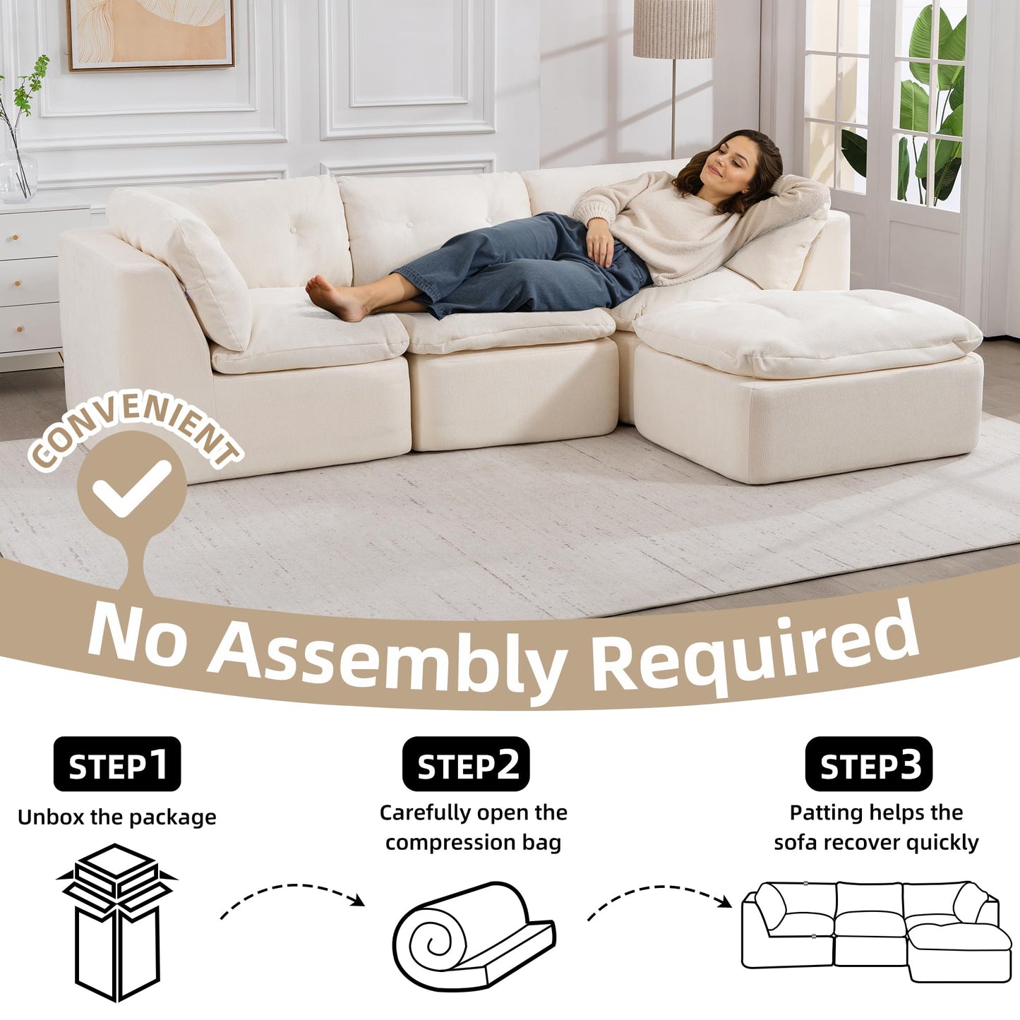 Tufted Cushions Cloud Sectional Boneless Sectional Sofa with Movable Ottoman, 112" Oversized Modular Convertible L Shaped Corner Couch with Deep Seat,Memory Foam Compressed Sofa