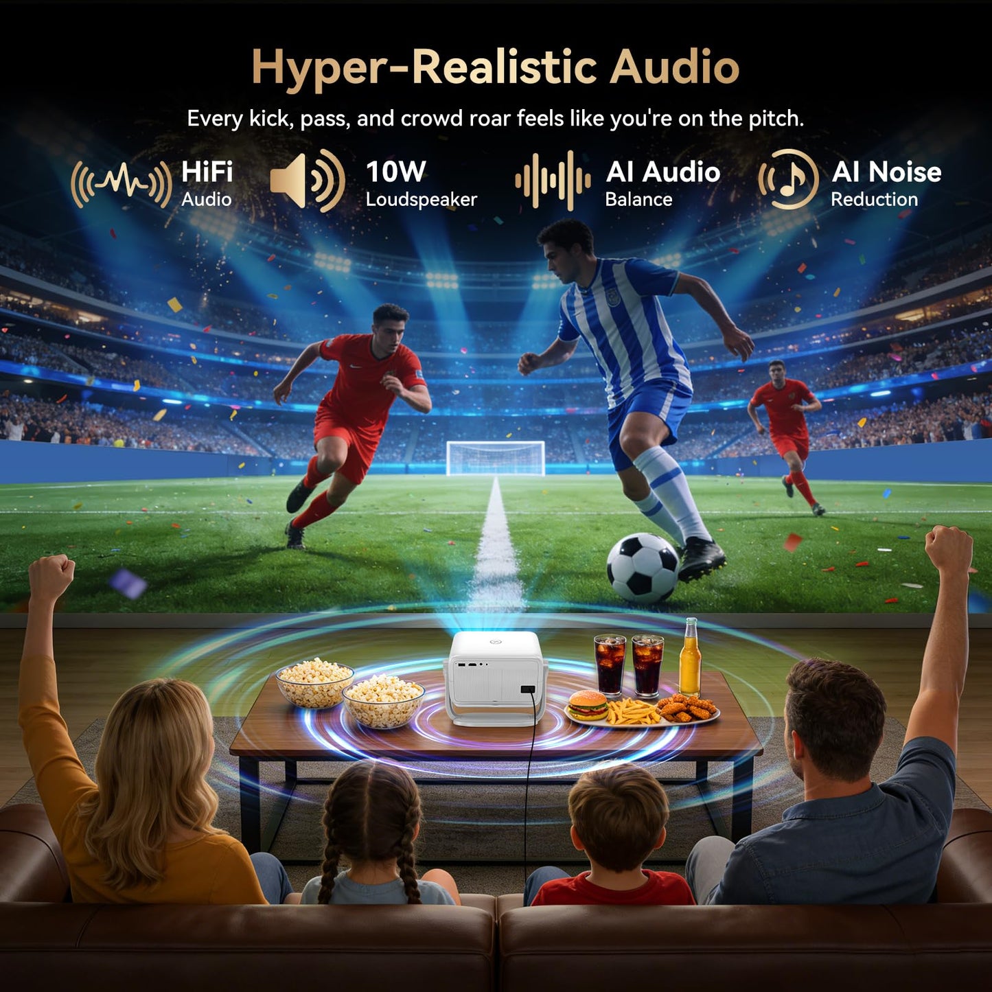 Projector with WiFi and Bluetooth, Officially Licensed App & Native 1080P, Auto Focus & Keystone Outdoor Movie Projector, 4K Supported for Dorm/Ceiling/Home Theater/Bedroom
