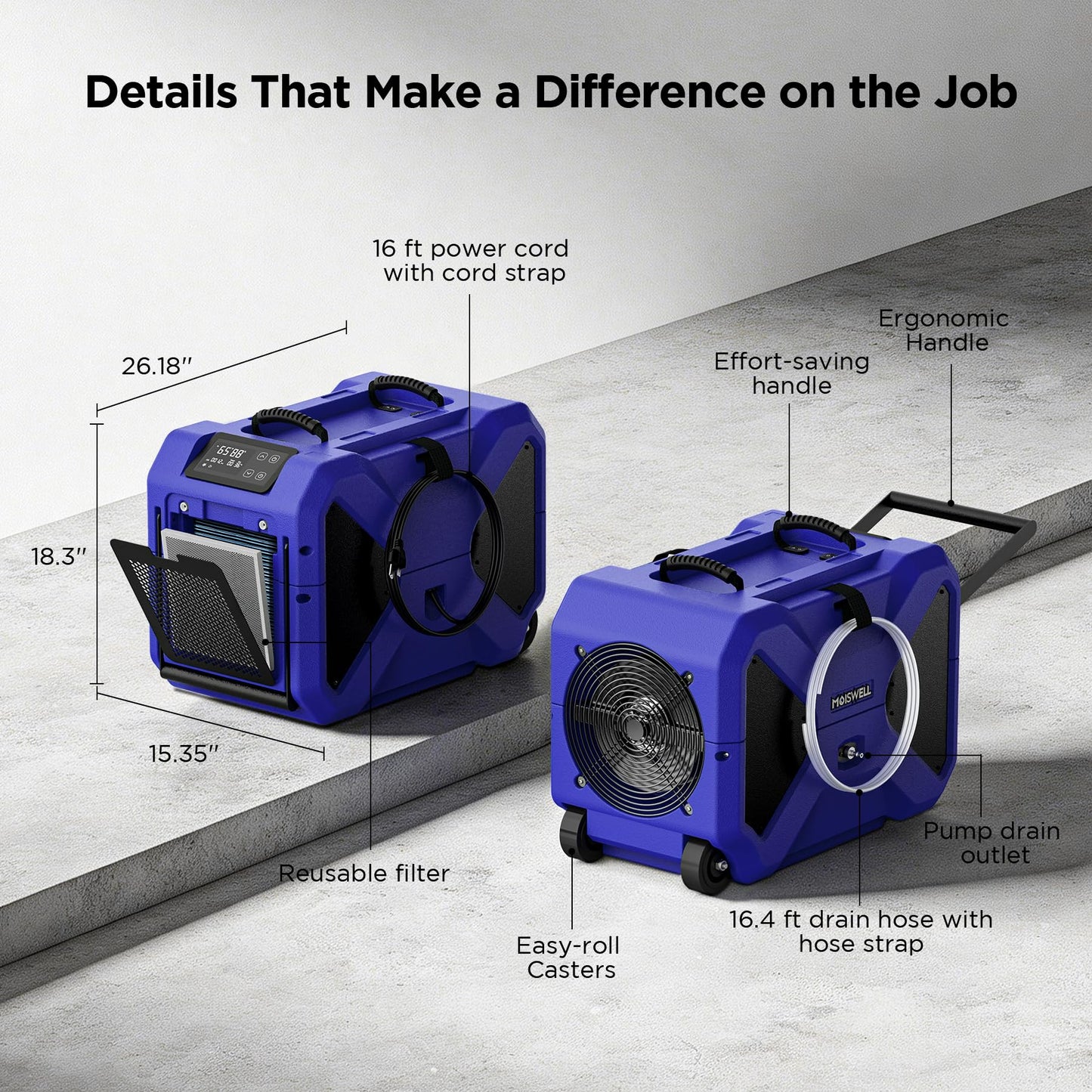 190 Pints LGR Commercial Dehumidifier with Pump, Stackable Industrial Dehumidifiers for Water Damage Restoration Auto Defrost Heavy Duty Rotomolded Dehumidifier Portable for Crawl Space Basement