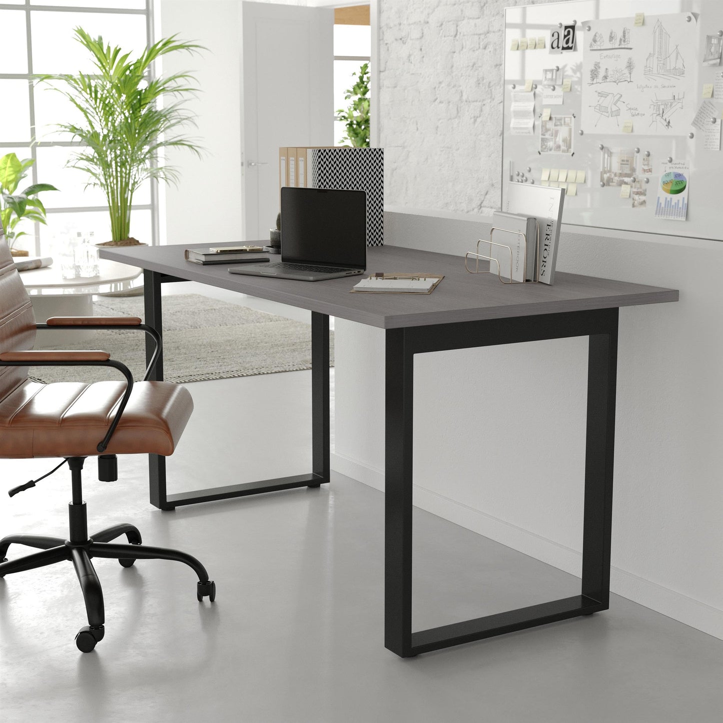 Flash Furniture Redmond Conference Table with U-Frame Base, Commercial Water and Scratch Resistant Laminate Finish, PVC Edge, Heavy Duty Steel Frame, 60x30, Gray Oak