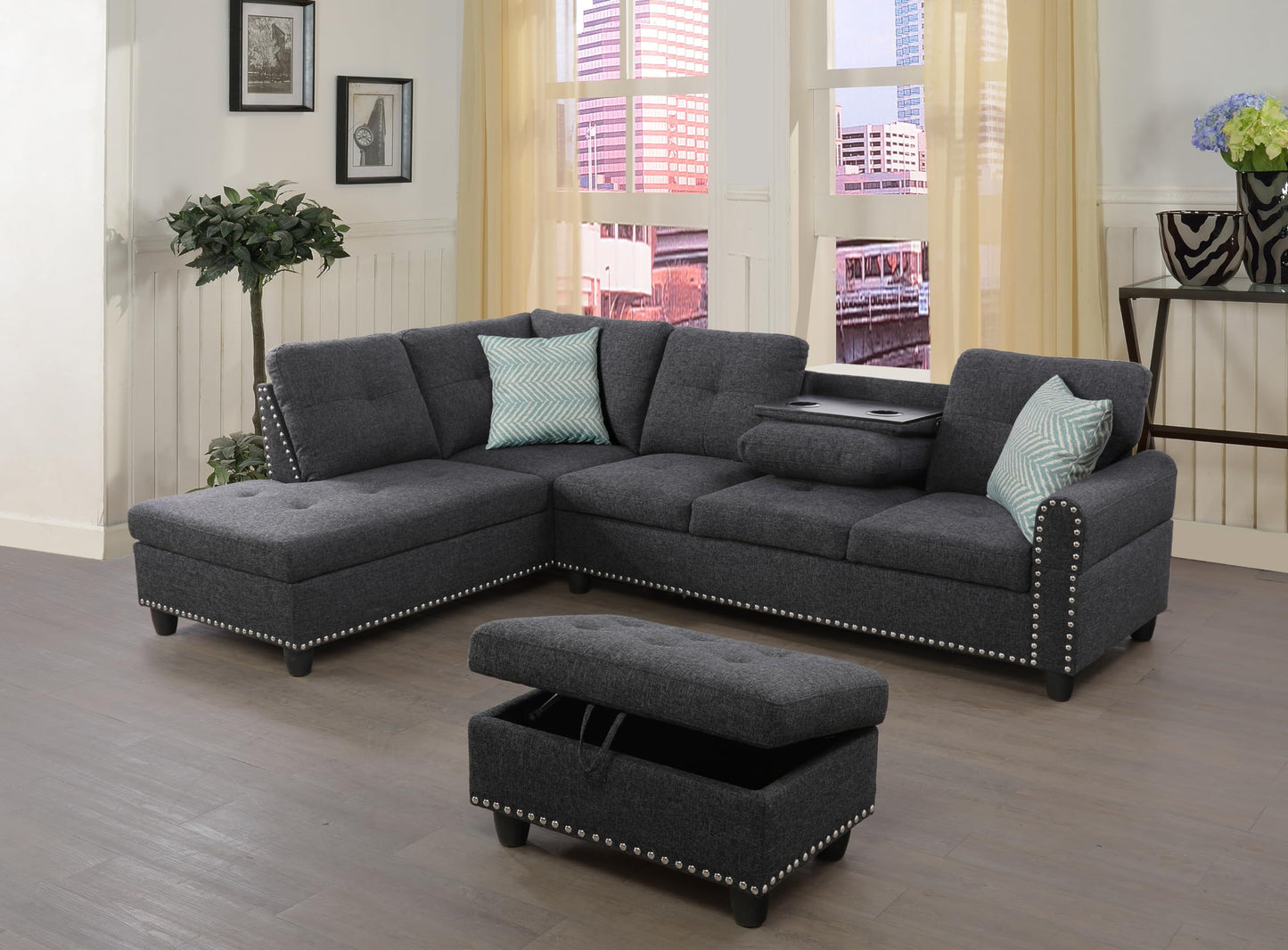 Favfurish 98" Left Hand Facing Sofa with Ottoman and Manufactured Wood Frame,L-Shaped Design Sectional Chaise W/Rounded Arms & Nailhead Trim,for Living Room,Office,Apartment,Charcoal Grey