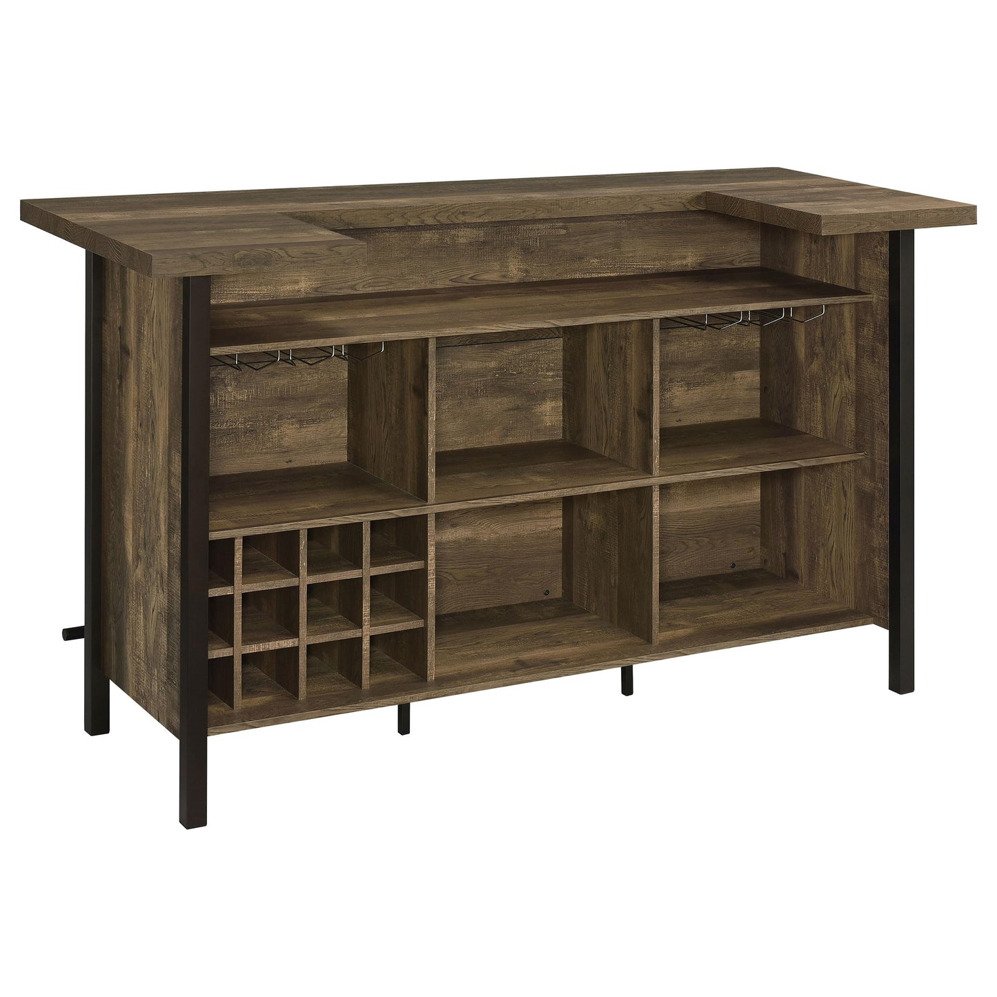 Coaster Home Furnishings - Bellemore - Wood & Metal - Bar Cabinet with Bottle Rack and Stemware Racks with Open Storage - Dining Room & Home Bar - Rustic Oak - 182104